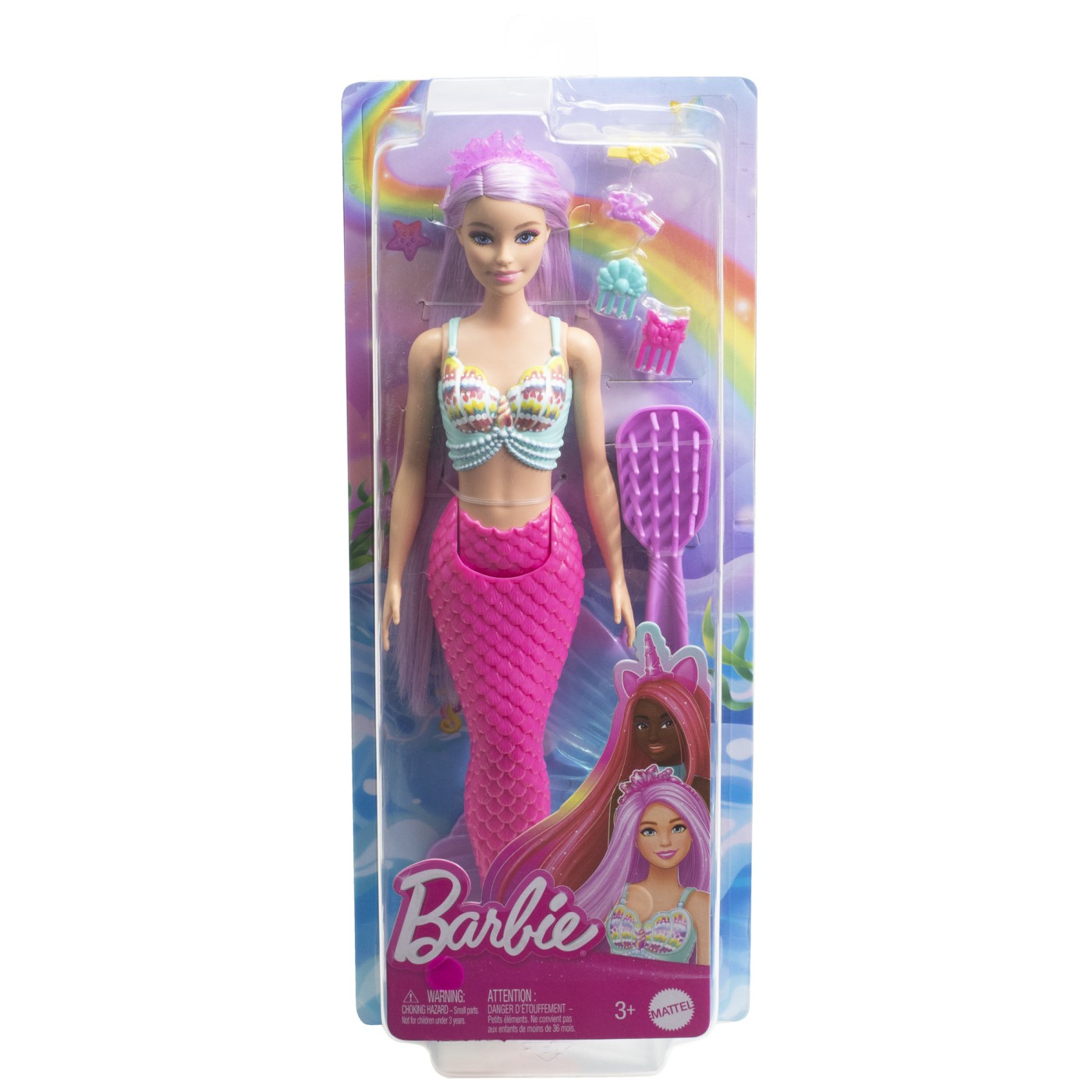 Papusa Barbie Sirena cu par mov, coada roz si accesorii de coafat