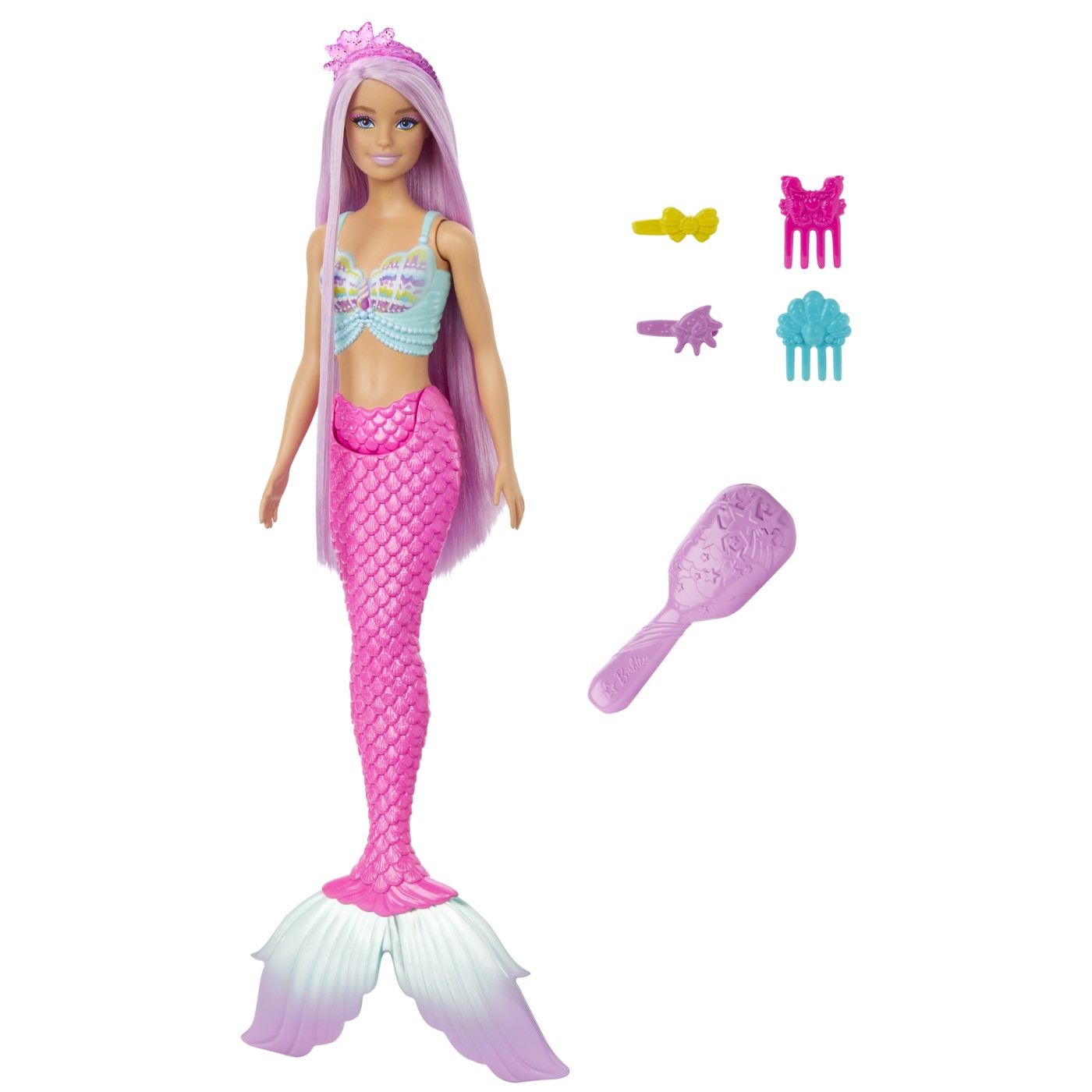 Papusa Barbie Sirena cu par mov, coada roz si accesorii de coafat