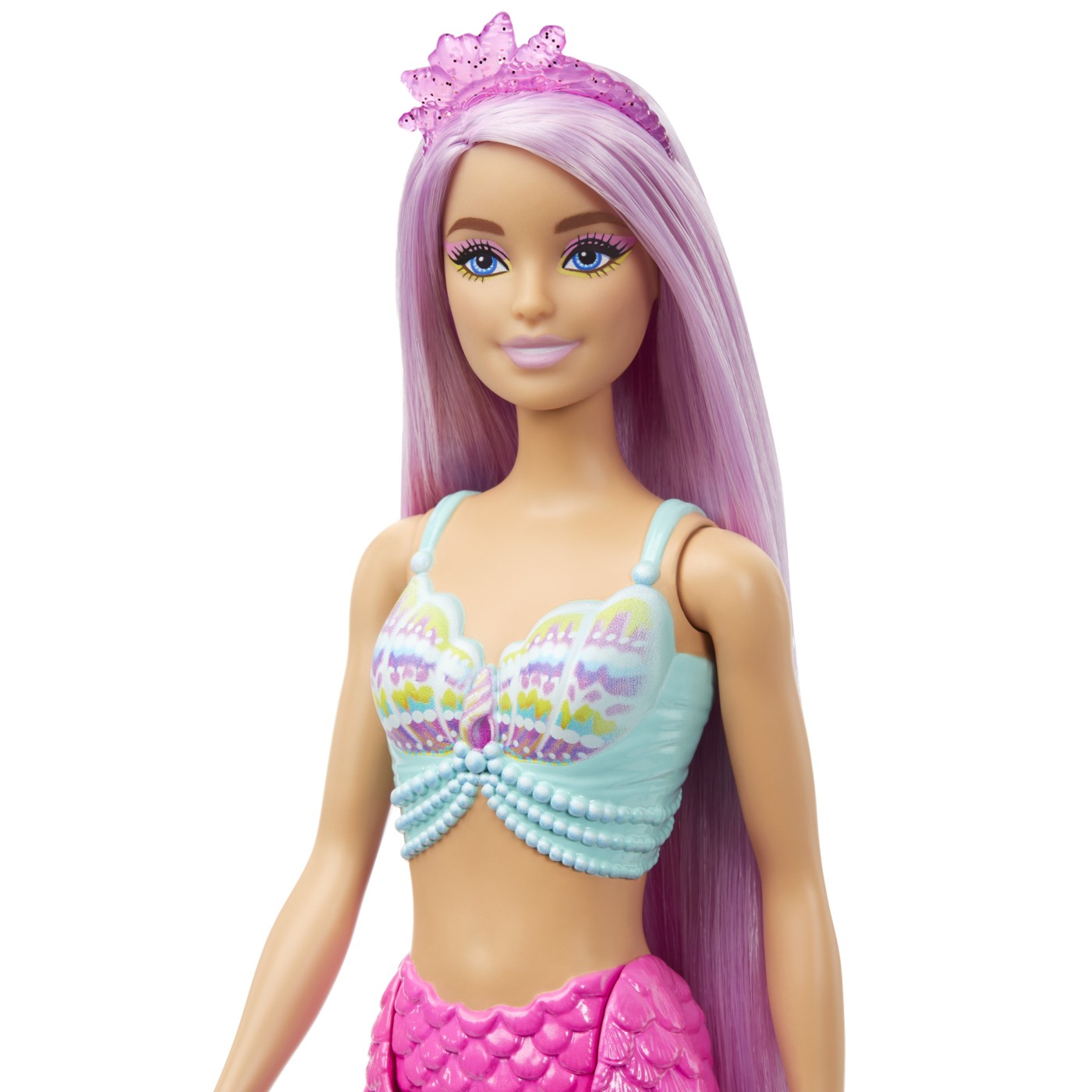 Papusa Barbie Sirena cu par mov, coada roz si accesorii de coafat