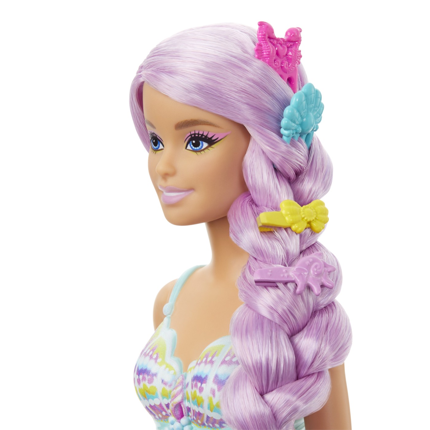 Papusa Barbie Sirena cu par mov, coada roz si accesorii de coafat