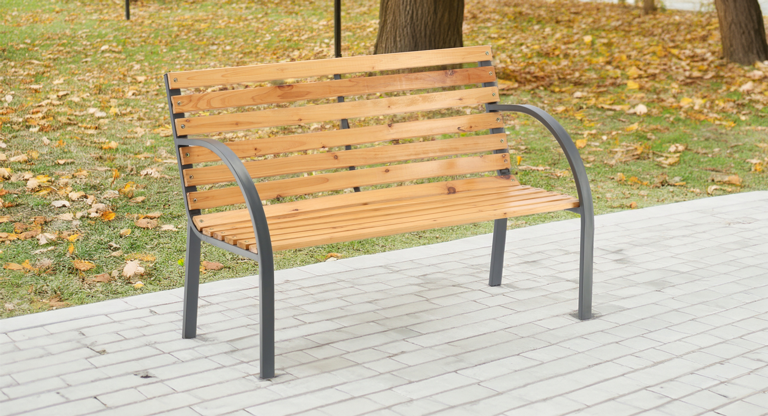 Banca de gradina din lemn, cadru din otel cu spatar, 120x60x80 cm, maro natur Household NewTrend