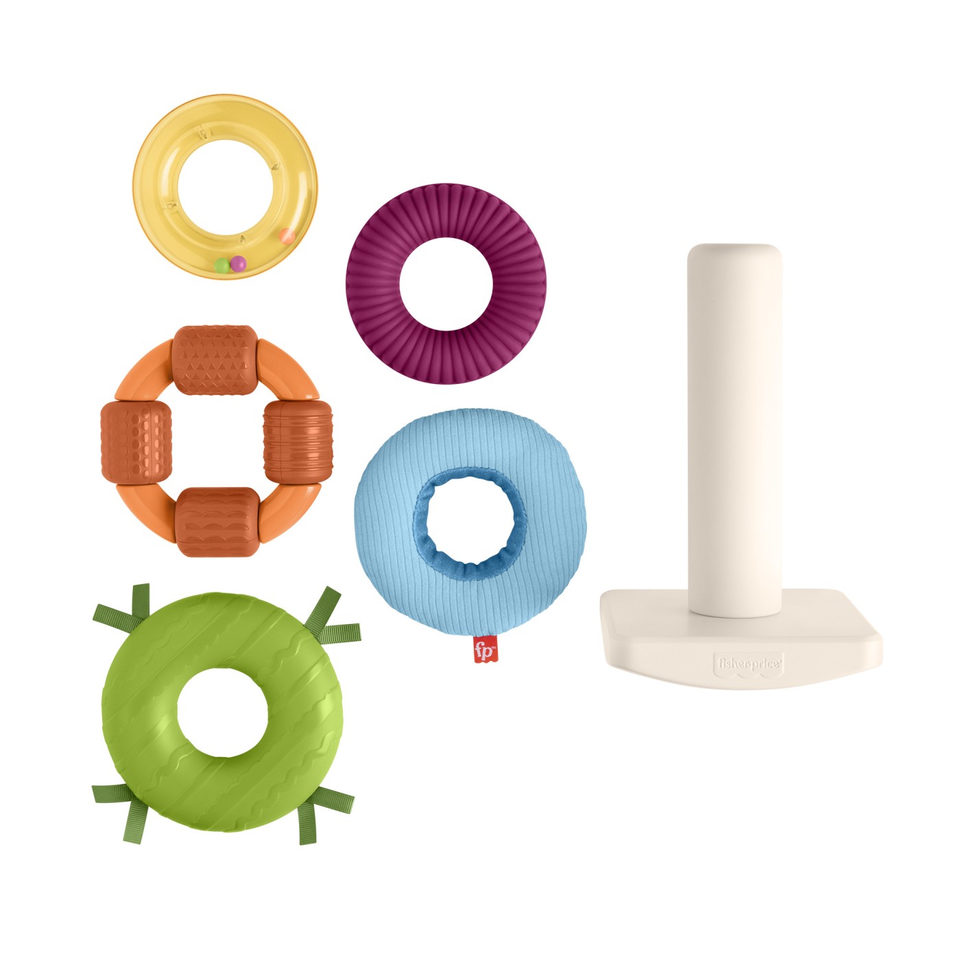 Piramidă senzorială Fisher-Price cu 5 inele texturate, 6 luni+
