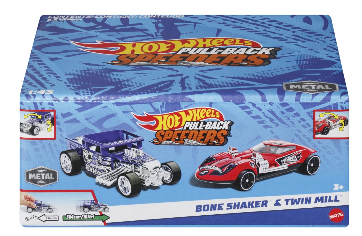Set 2 mașinuțe metalice Hot Wheels Pull Back Bone Shaker și Twin Mill 1:43