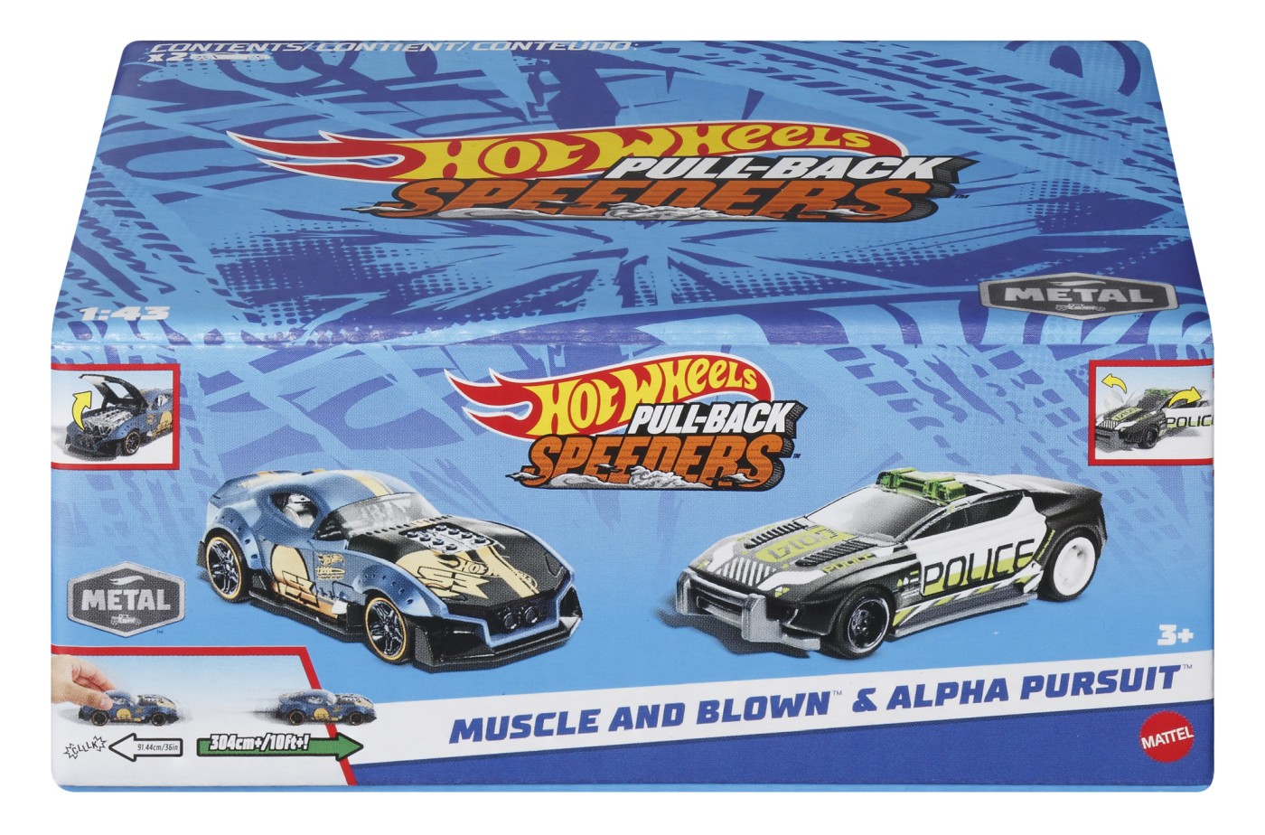 Set 2 mașinuțe metalice Hot Wheels Pull Back Muscle and Blown & Alpha Pursuit 1:43
