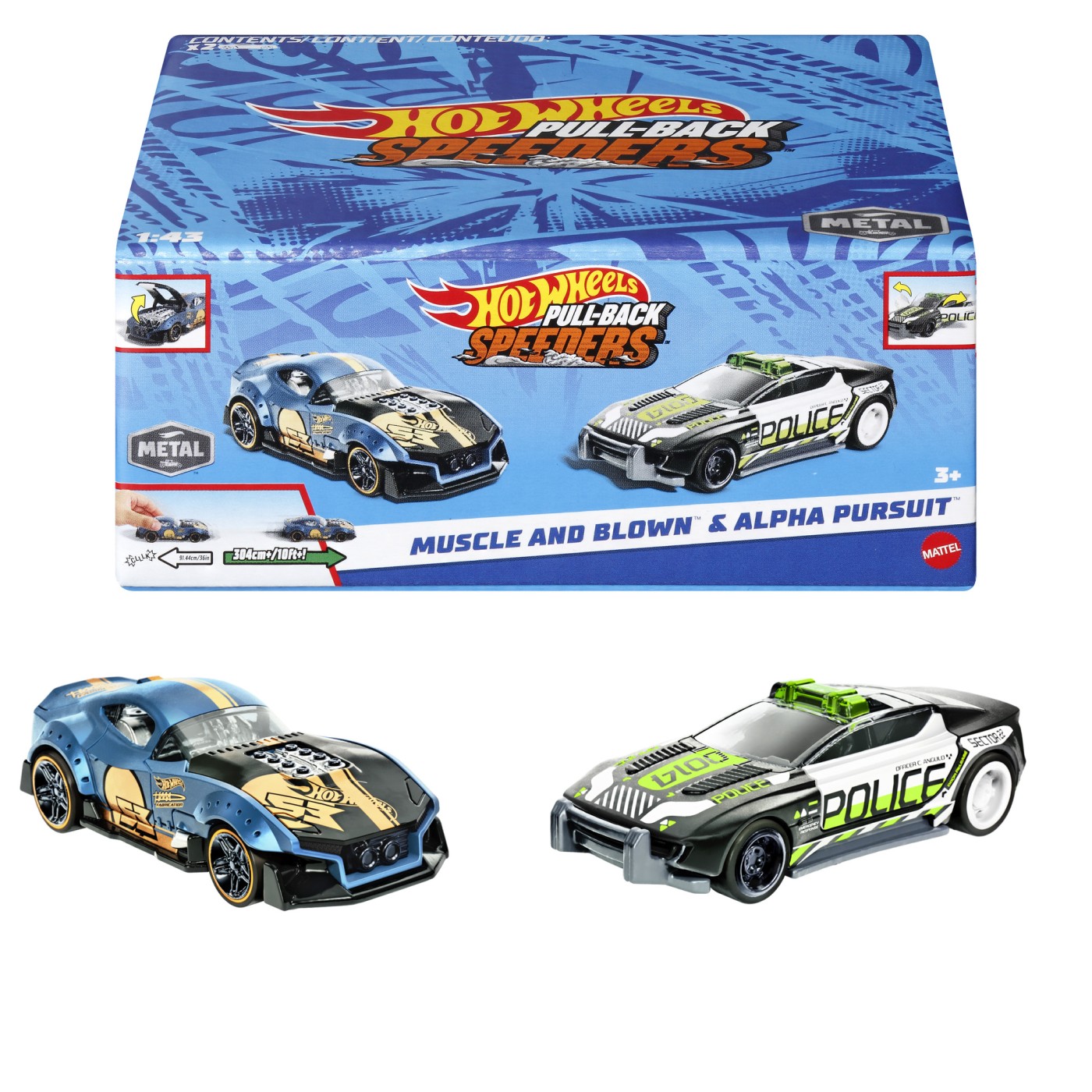 Set 2 mașinuțe metalice Hot Wheels Pull Back Muscle and Blown & Alpha Pursuit 1:43