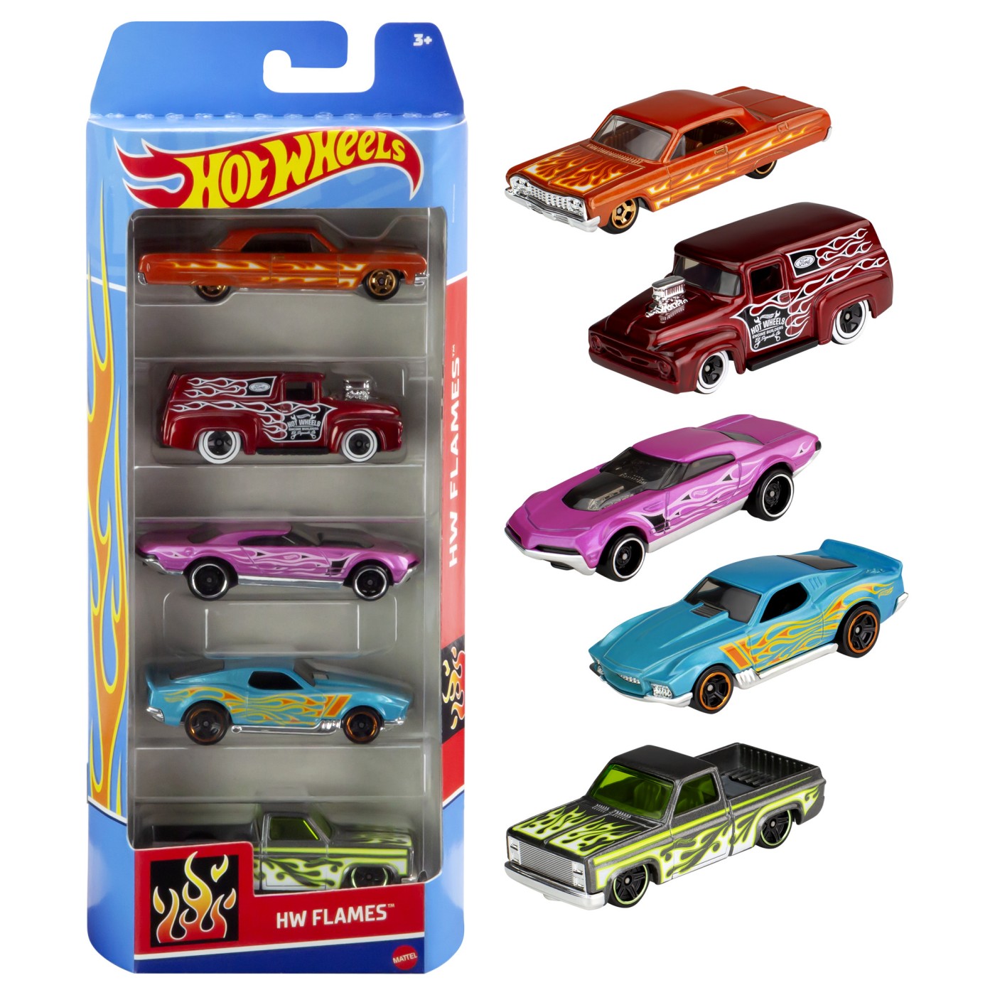 Set 5 masinute Hot Wheels HW Flames, modele multicolore pentru copii