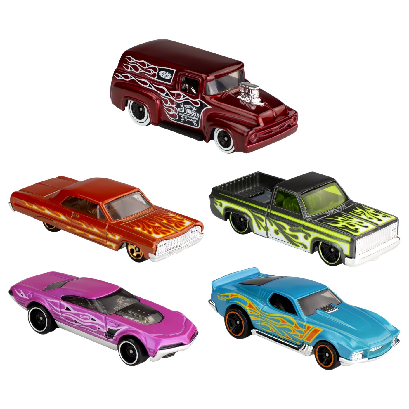 Set 5 masinute Hot Wheels HW Flames, modele multicolore pentru copii