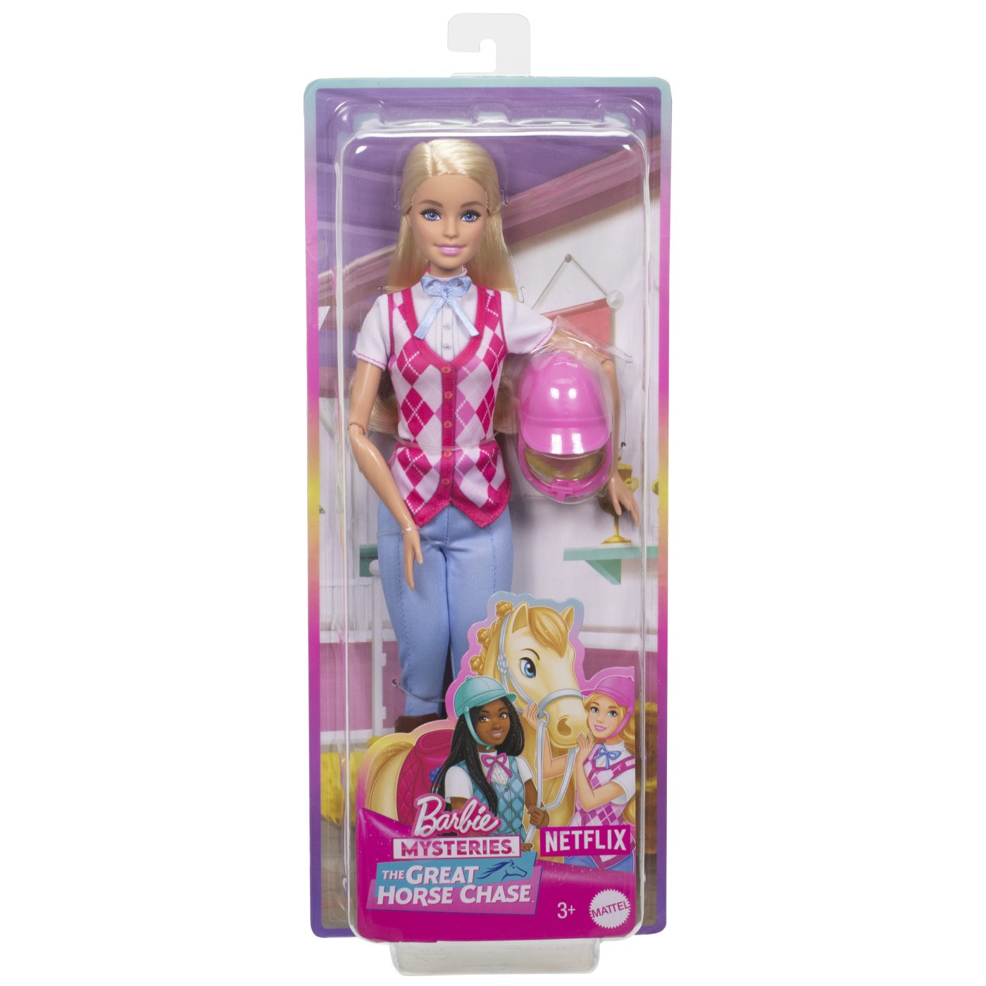 Papusa Barbie Mysteries Malibu cu tinuta de calarie si accesorii