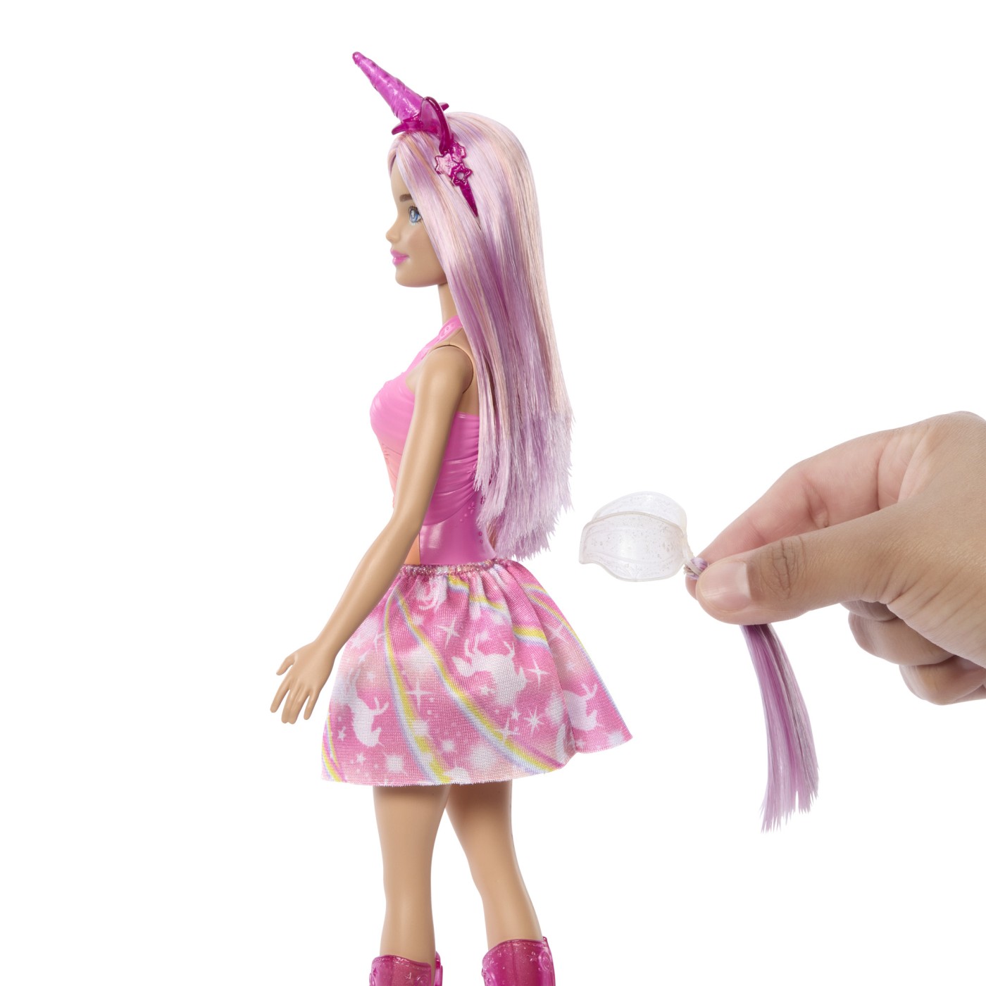Păpușă Barbie unicorn cu accesorii magice și ținută pastelată