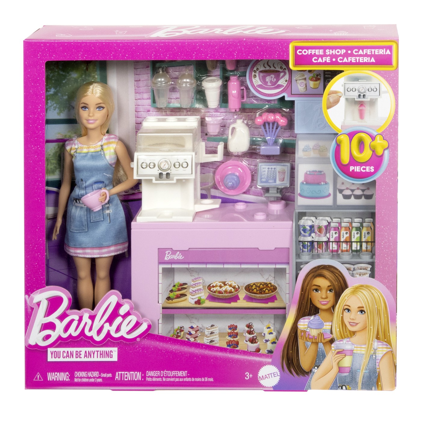 Papusa Barbie Cafenea cu accesorii, set de joaca Coffee Shop, 10+ piese