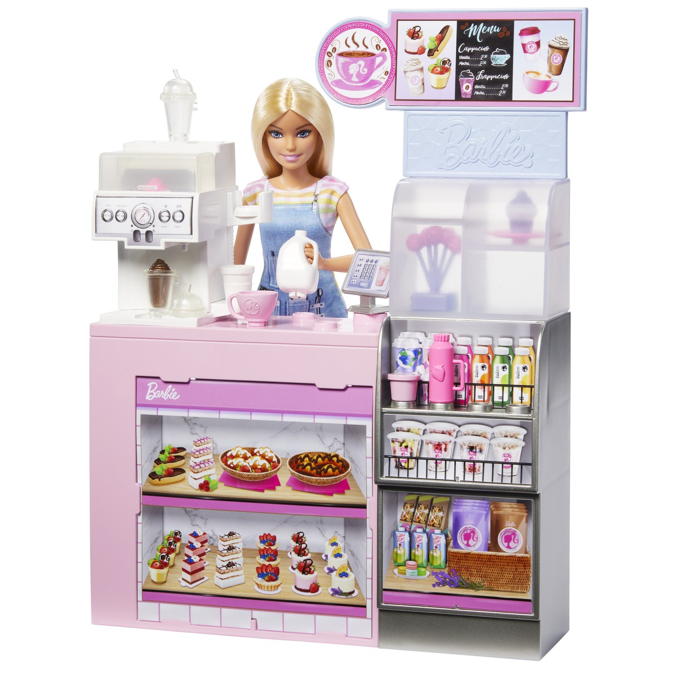Papusa Barbie Cafenea cu accesorii, set de joaca Coffee Shop, 10+ piese
