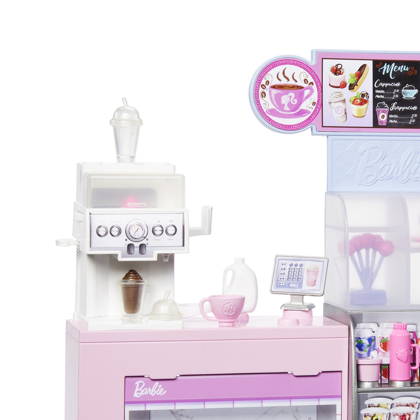 Papusa Barbie Cafenea cu accesorii, set de joaca Coffee Shop, 10+ piese