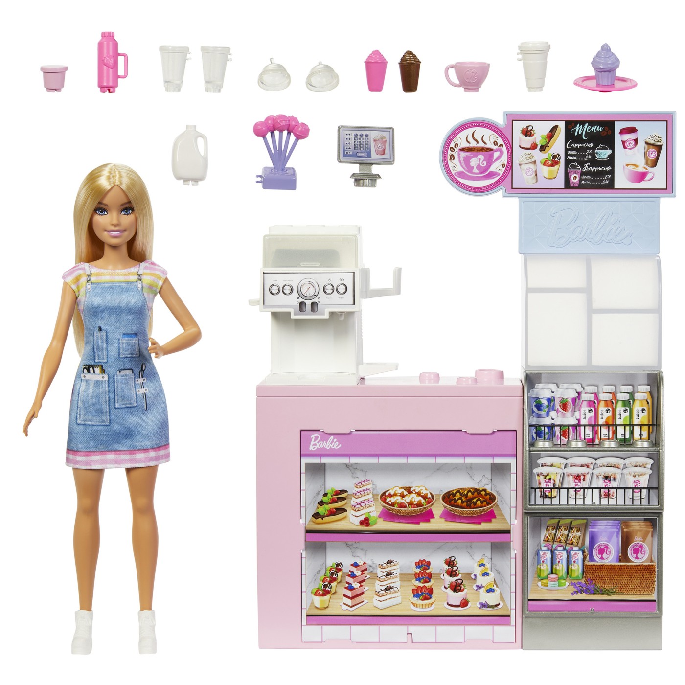 Papusa Barbie Cafenea cu accesorii, set de joaca Coffee Shop, 10+ piese