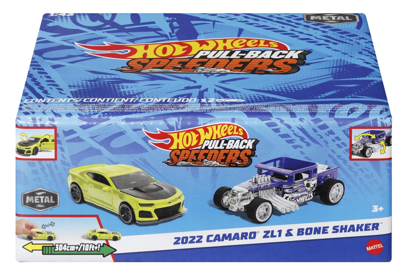 Set 2 masinute metalice Hot Wheels Pull-Back Camaro ZL1 si Bone Shaker 1:43