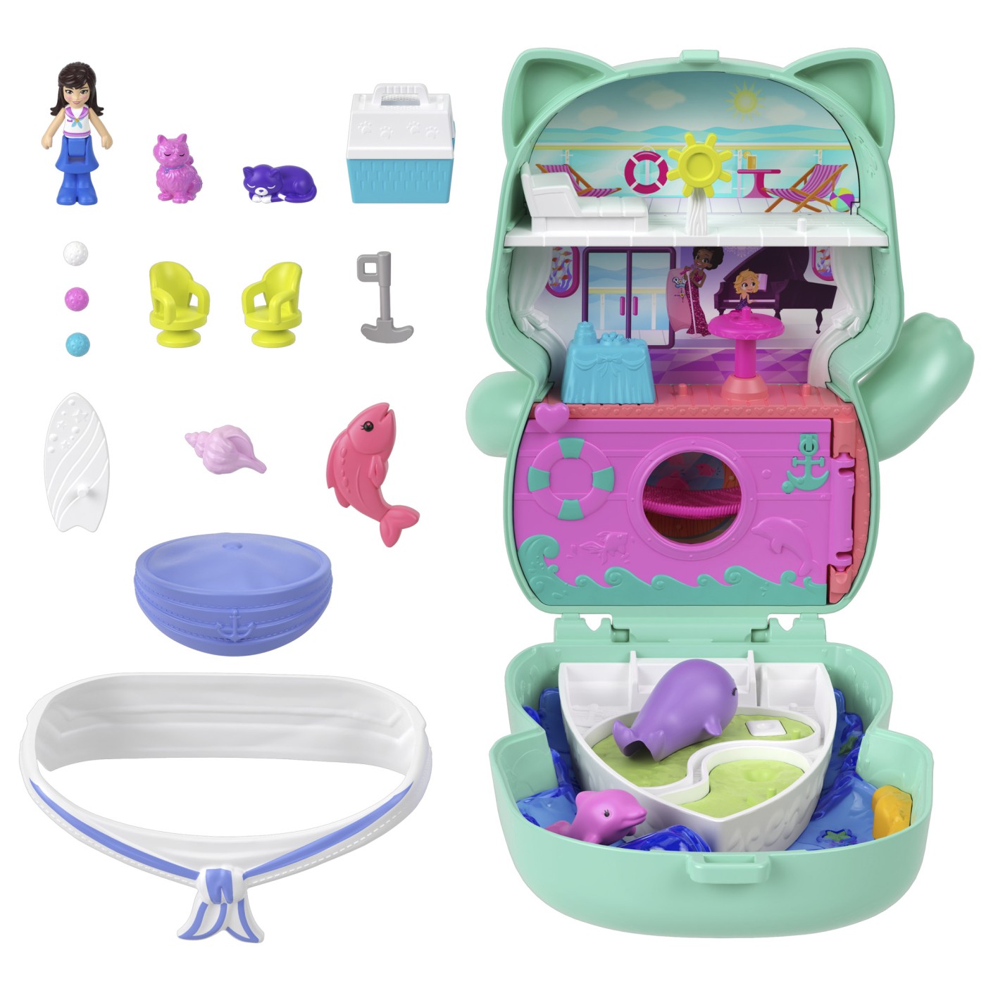 Polly Pocket gentuță pisicuță marinar cu accesorii, set de joacă portabil