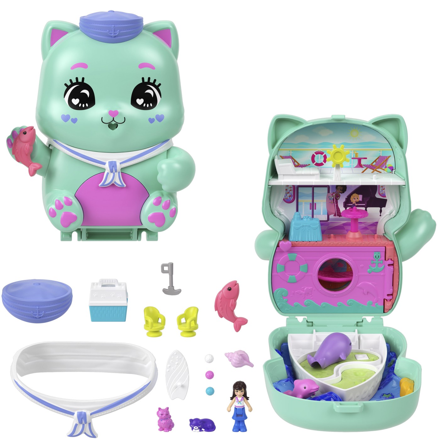 Polly Pocket gentuță pisicuță marinar cu accesorii, set de joacă portabil
