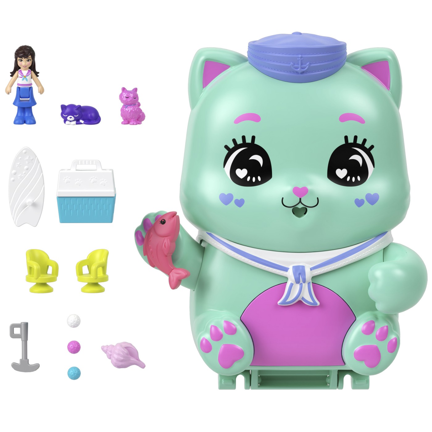 Polly Pocket gentuță pisicuță marinar cu accesorii, set de joacă portabil