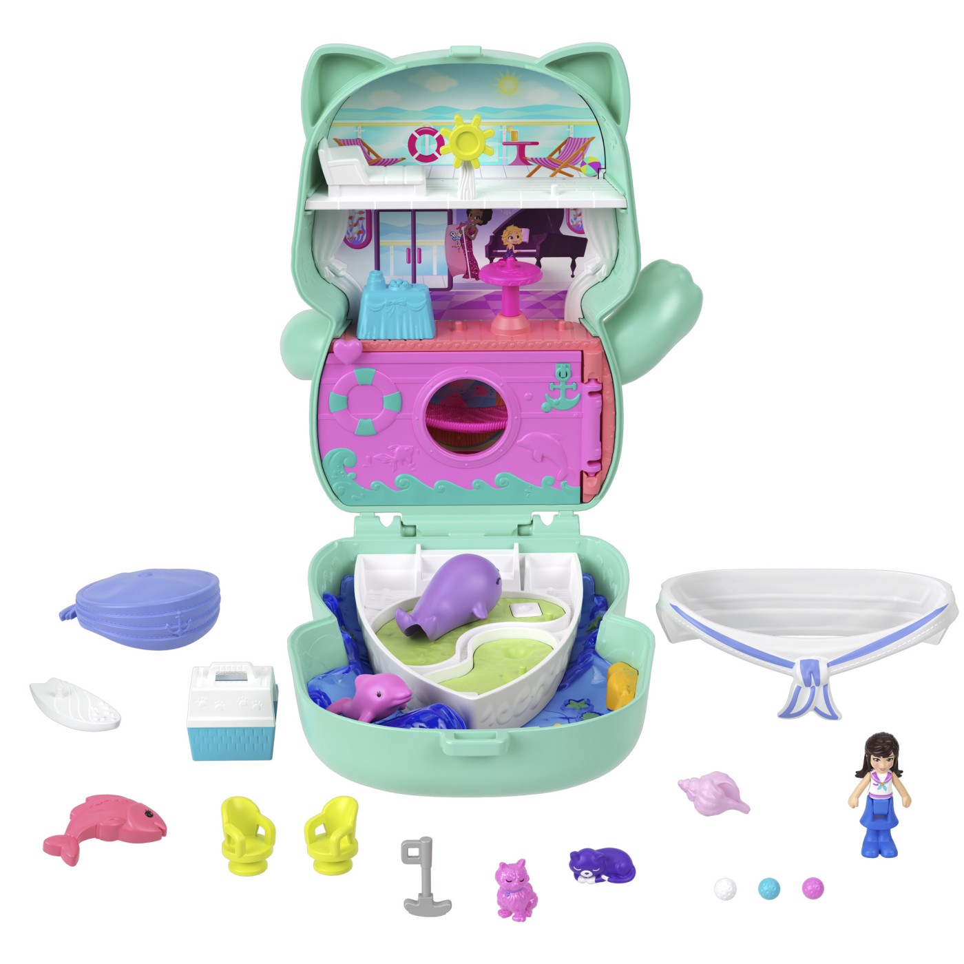 Polly Pocket gentuță pisicuță marinar cu accesorii, set de joacă portabil