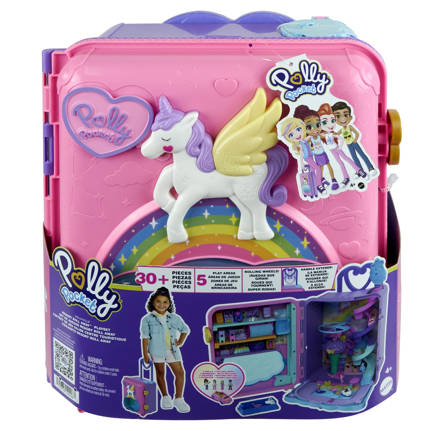 Valiză Polly Pocket Unicorn cu păpuși, accesorii și zone de joacă