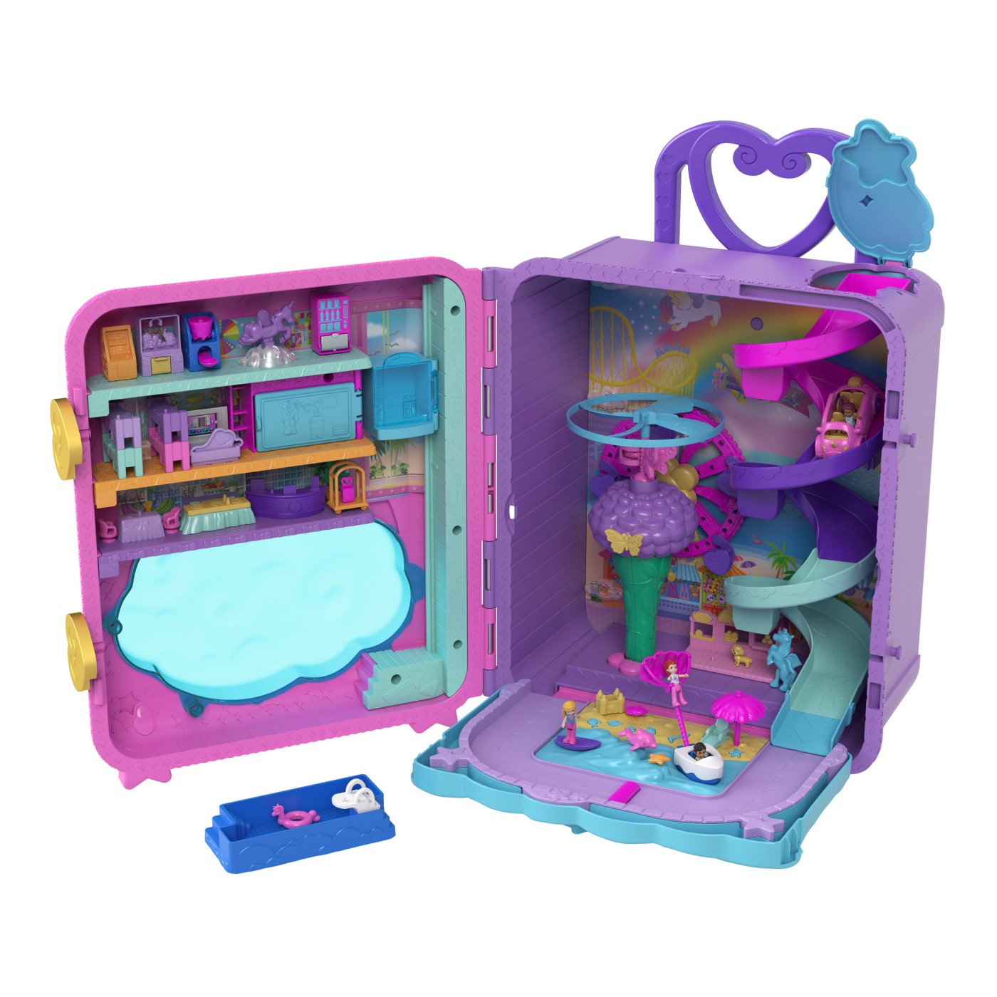 Valiză Polly Pocket Unicorn cu păpuși, accesorii și zone de joacă