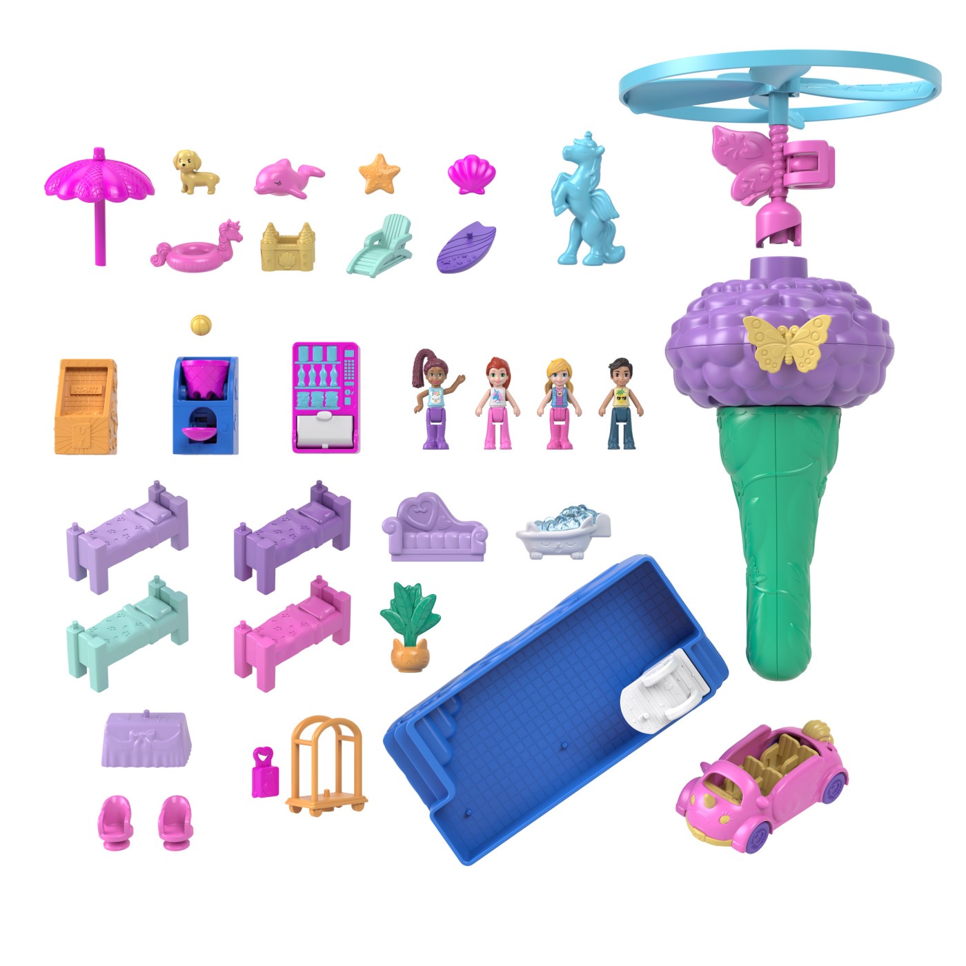 Valiză Polly Pocket Unicorn cu păpuși, accesorii și zone de joacă