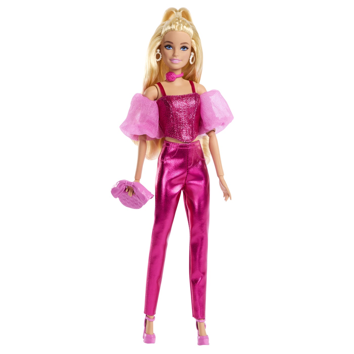 Păpușa Barbie Deluxe Style cu ținută roz metalizat și accesorii