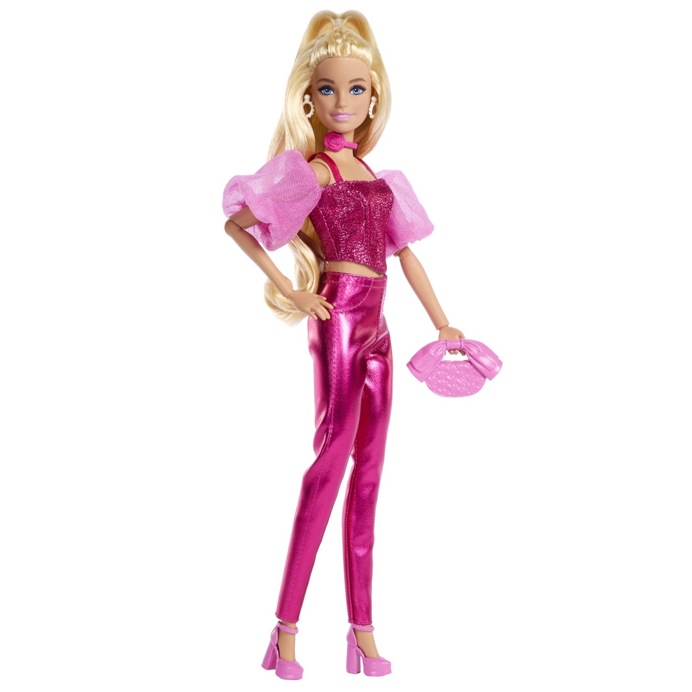 Păpușa Barbie Deluxe Style cu ținută roz metalizat și accesorii