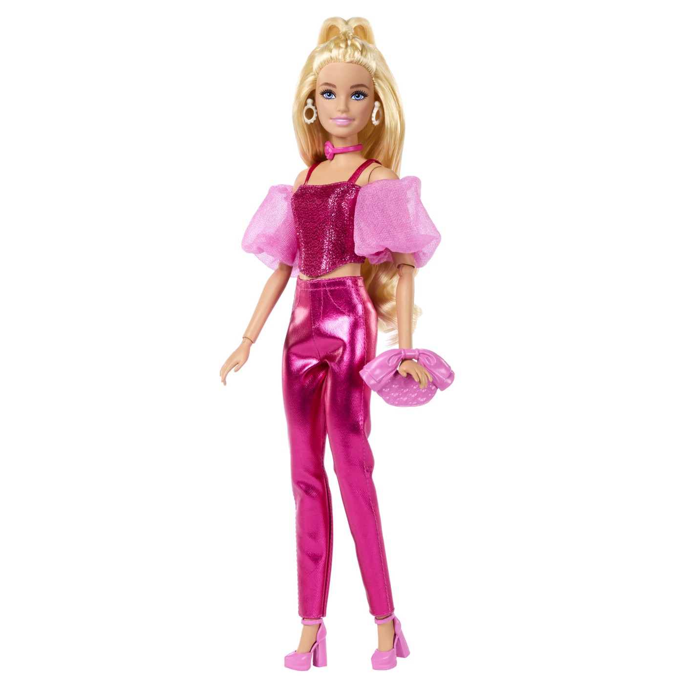 Păpușa Barbie Deluxe Style cu ținută roz metalizat și accesorii