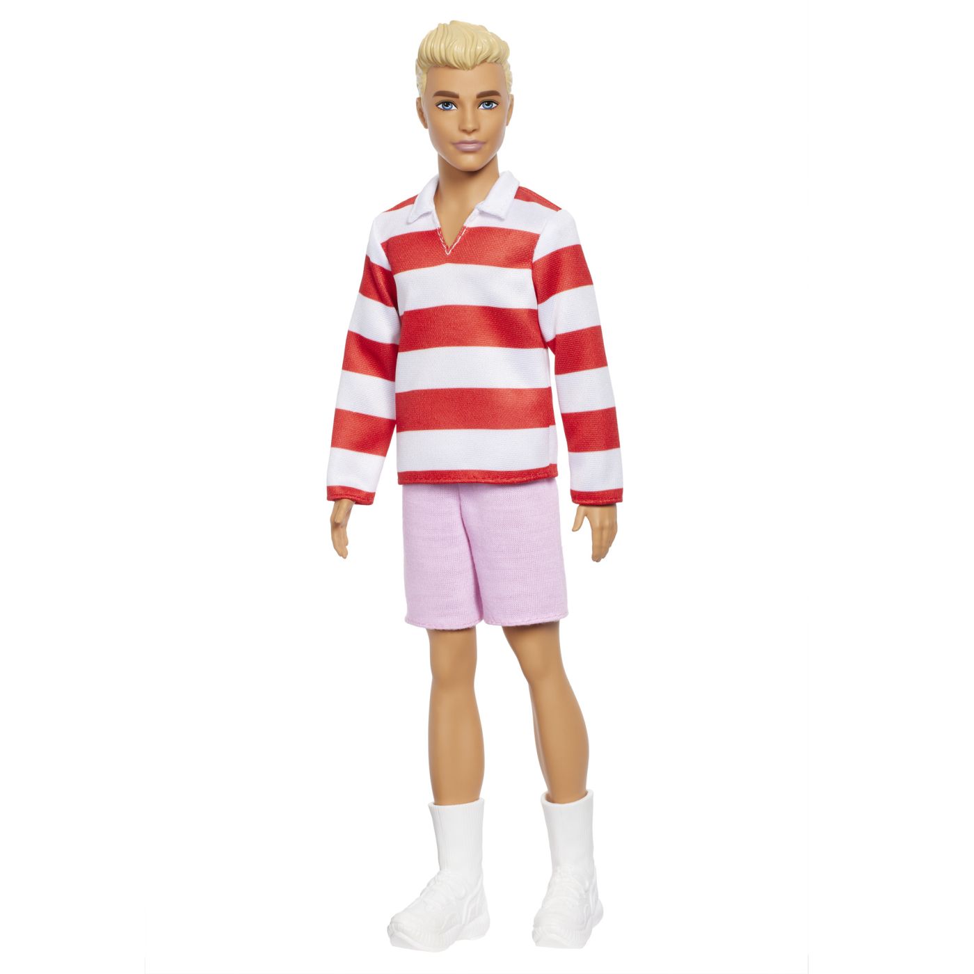 Păpușă Barbie Ken Fashionistas blond cu bluza polo în dungi roșii și albe