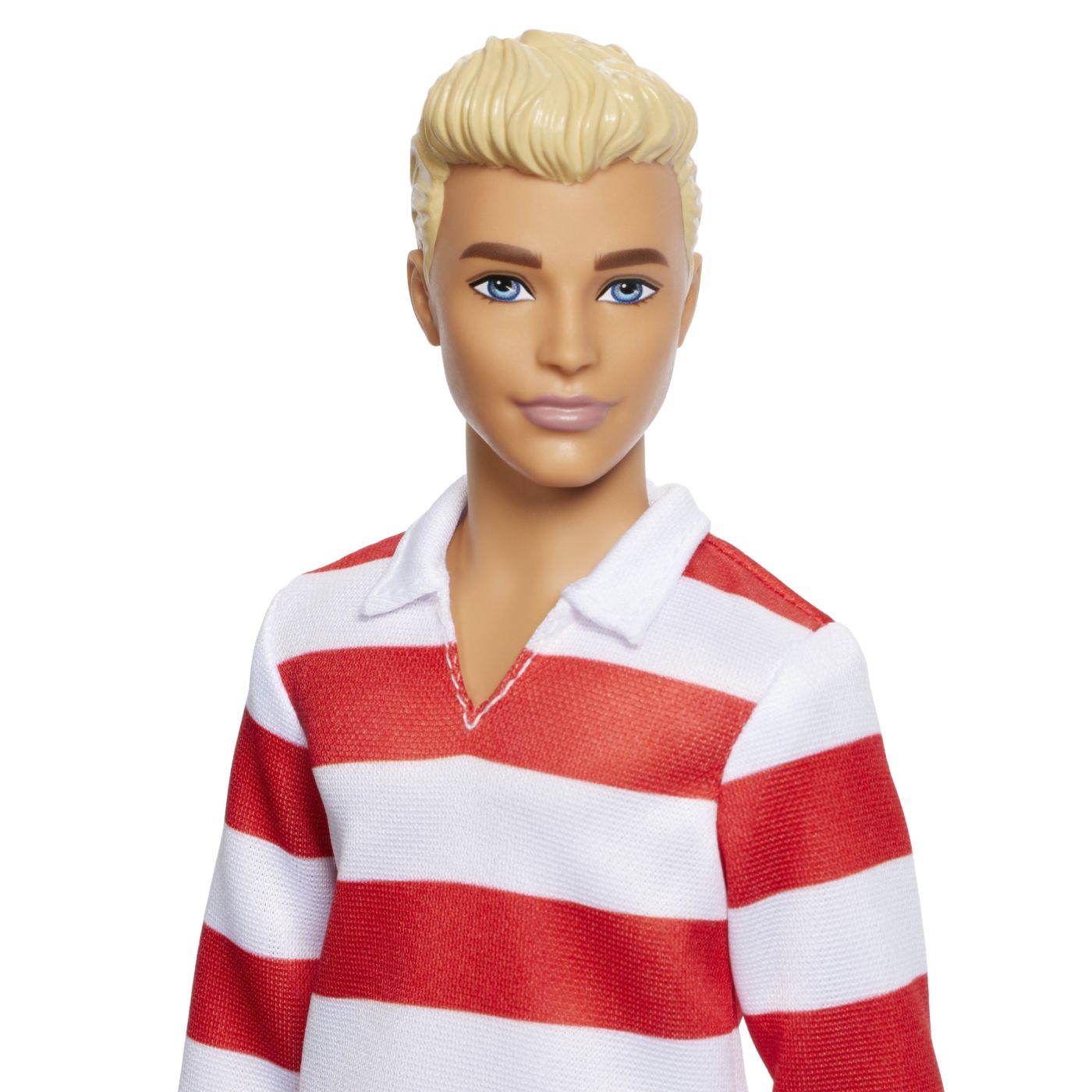 Păpușă Barbie Ken Fashionistas blond cu bluza polo în dungi roșii și albe