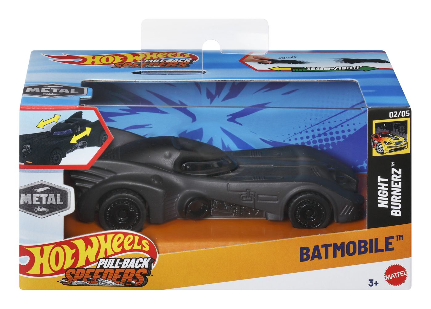 Masinuta Hot Wheels Batmobile Night Burnerz metalica cu pull-back, 1:43