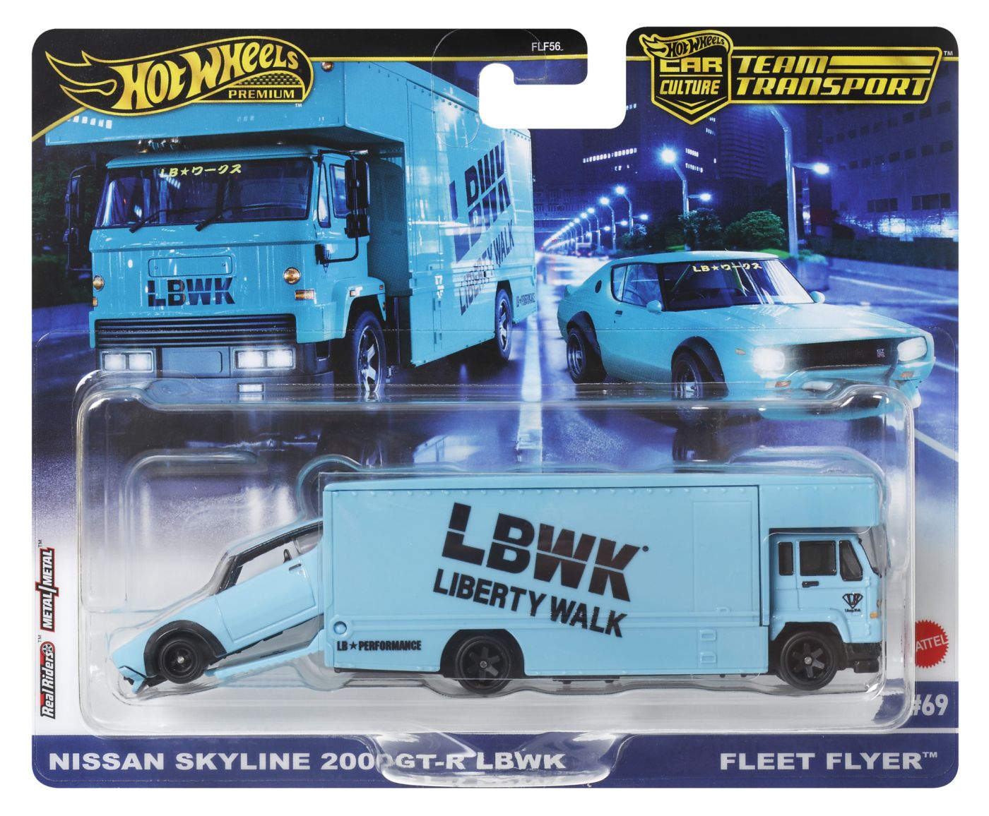 Hot Wheels Fleet Flyer cu Nissan Skyline 2000 GT-R LBWK, scara 1:64