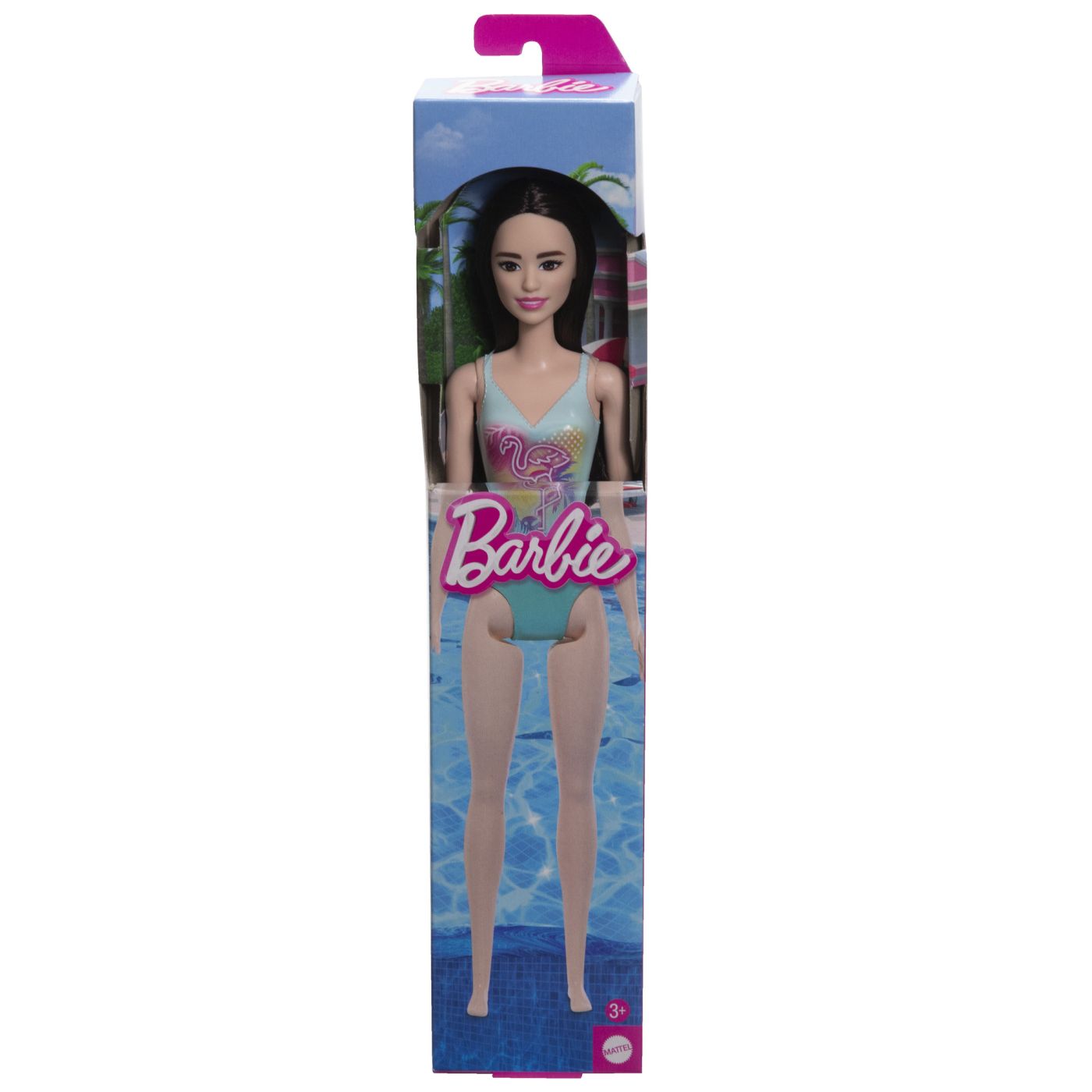 Papusa Barbie bruneta cu costum de baie albastru pentru joaca de vara
