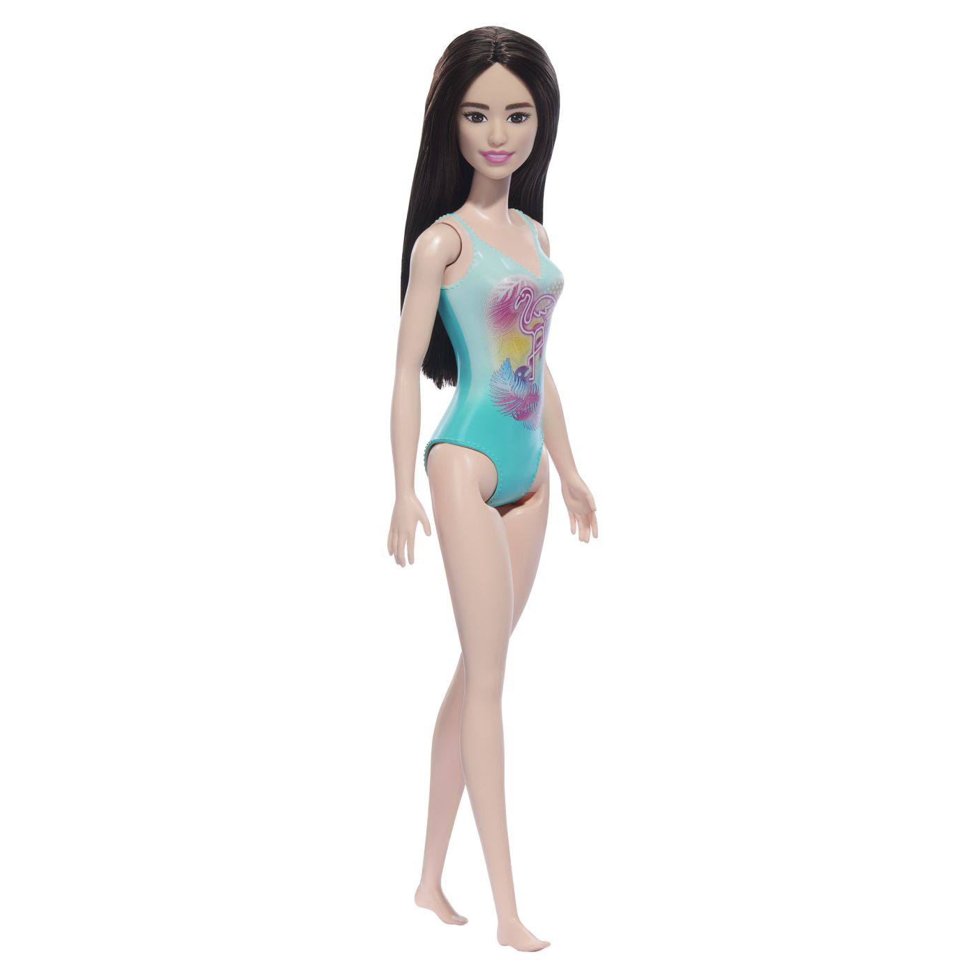 Papusa Barbie bruneta cu costum de baie albastru pentru joaca de vara
