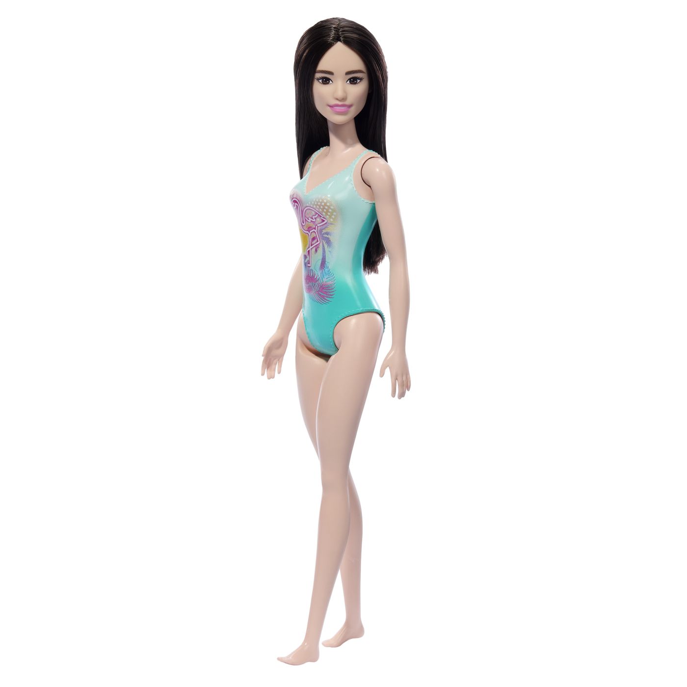 Papusa Barbie bruneta cu costum de baie albastru pentru joaca de vara
