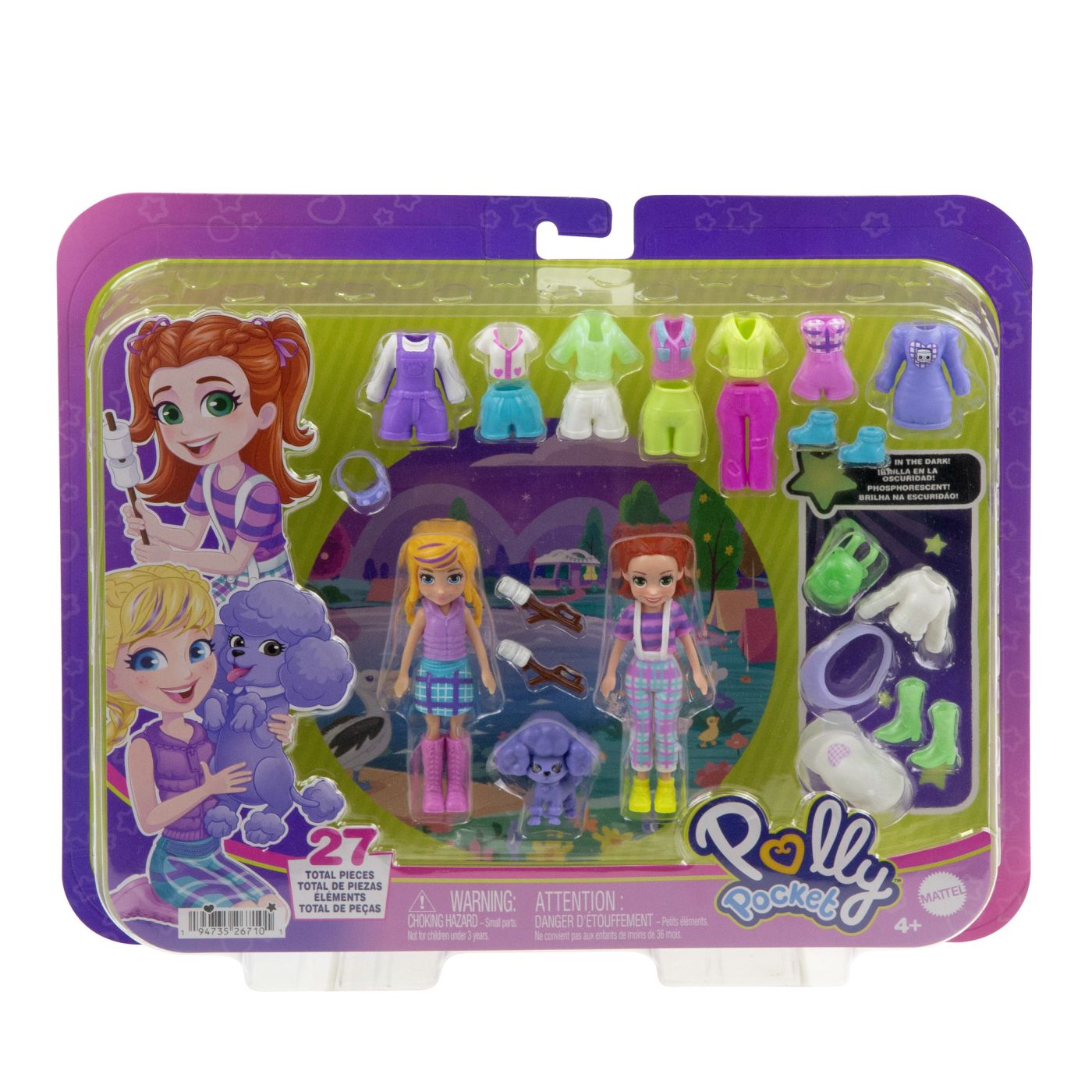 Set Polly Pocket cu 2 păpuși, cățeluș și 27 accesorii de modă