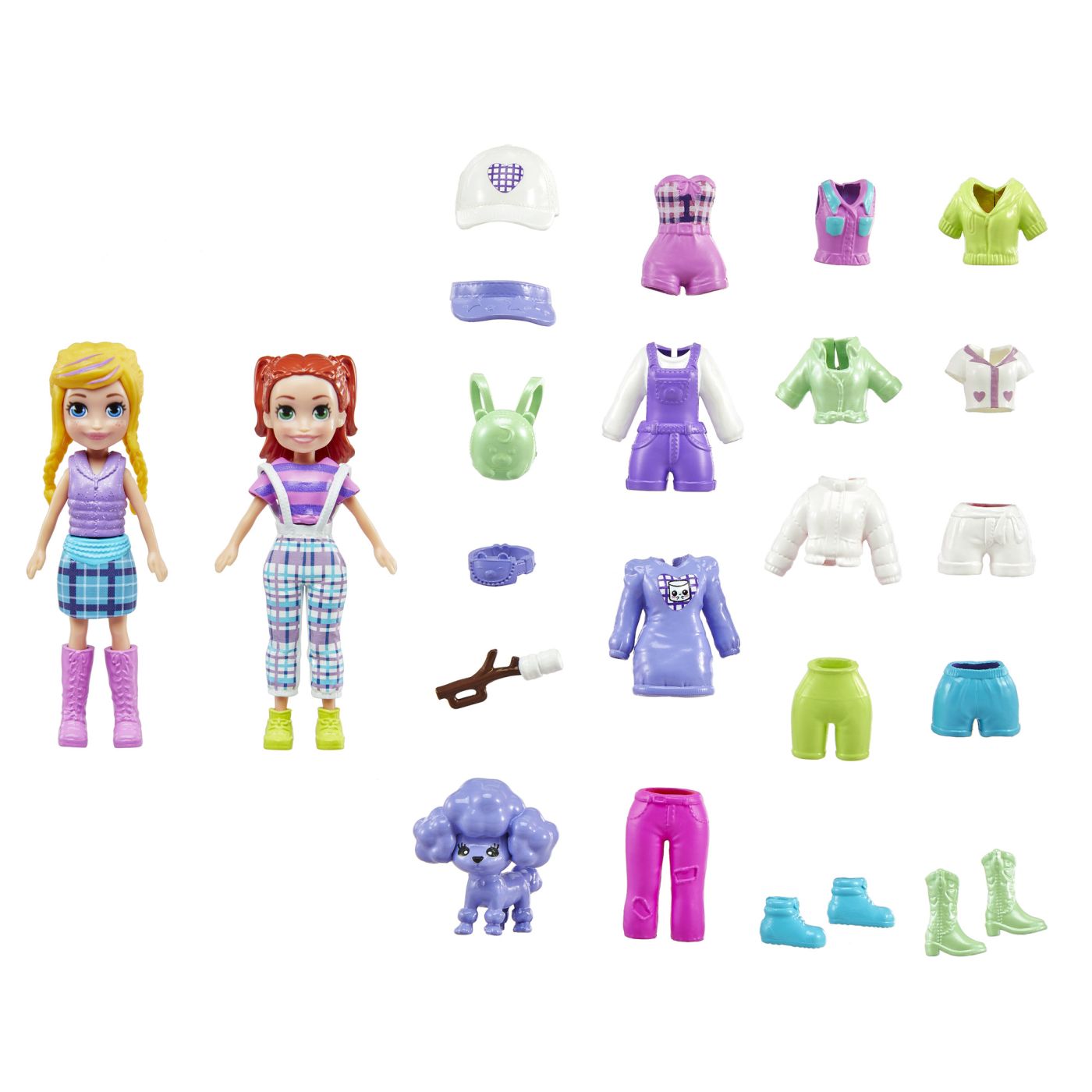 Set Polly Pocket cu 2 păpuși, cățeluș și 27 accesorii de modă