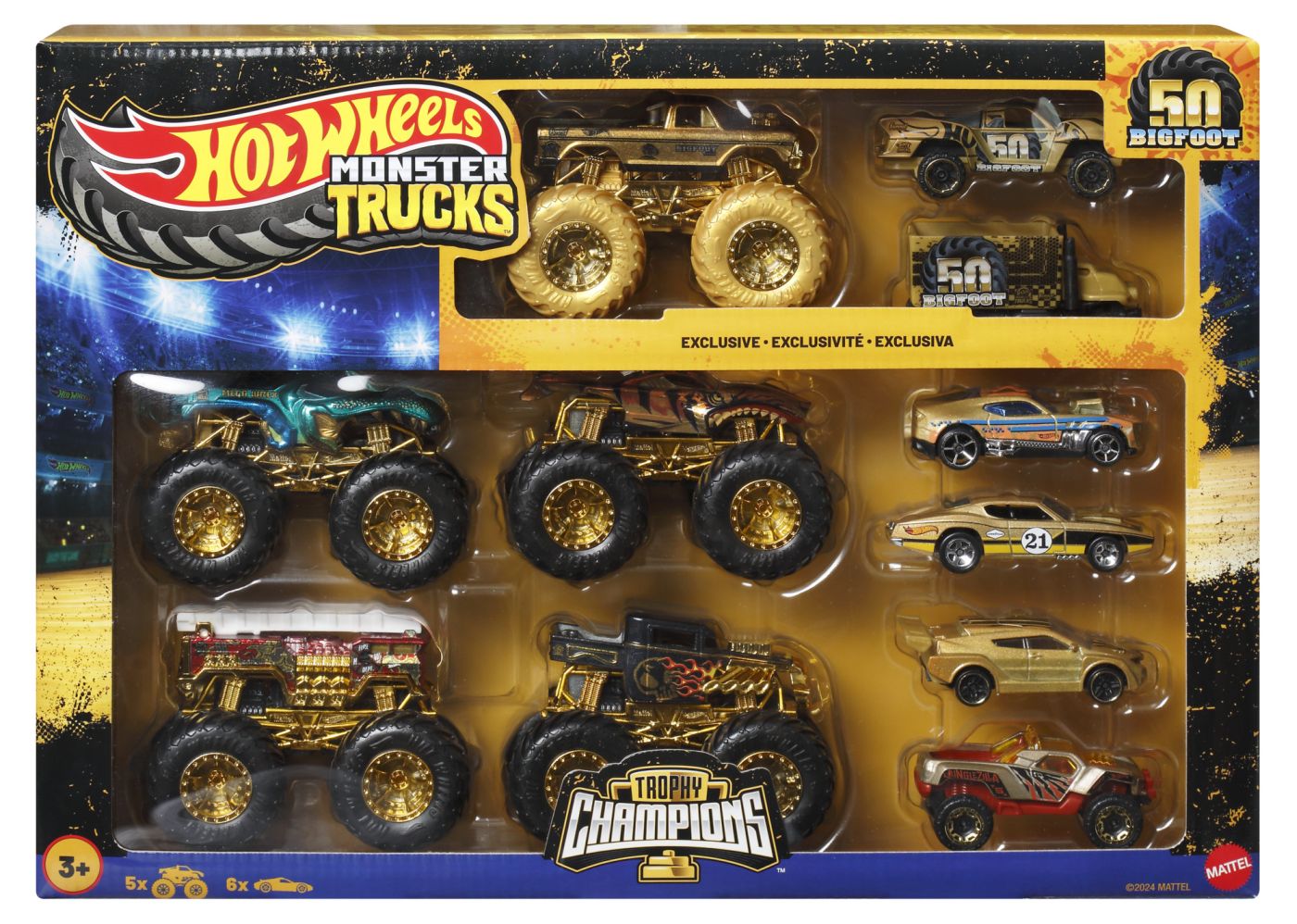 Set Hot Wheels Monster Trucks Bigfoot 50 Trophy Champions, 11 vehicule