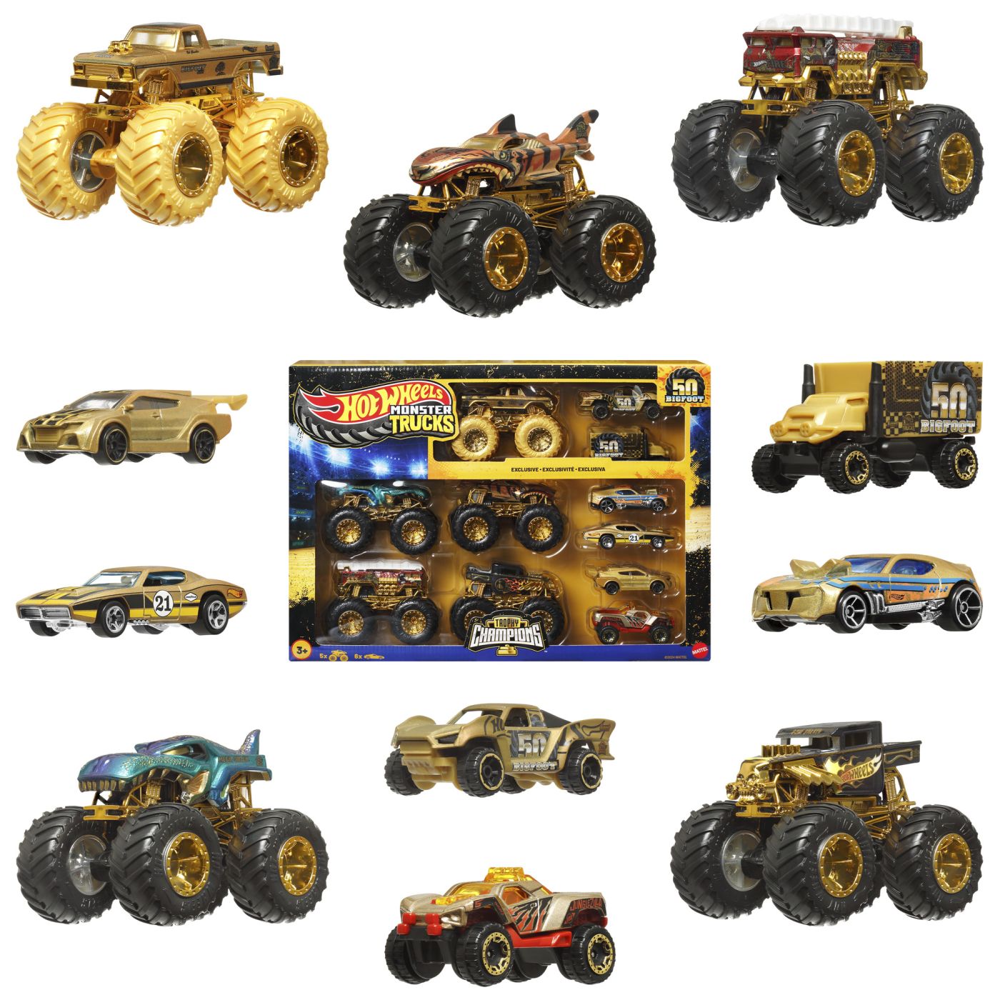 Set Hot Wheels Monster Trucks Bigfoot 50 Trophy Champions, 11 vehicule