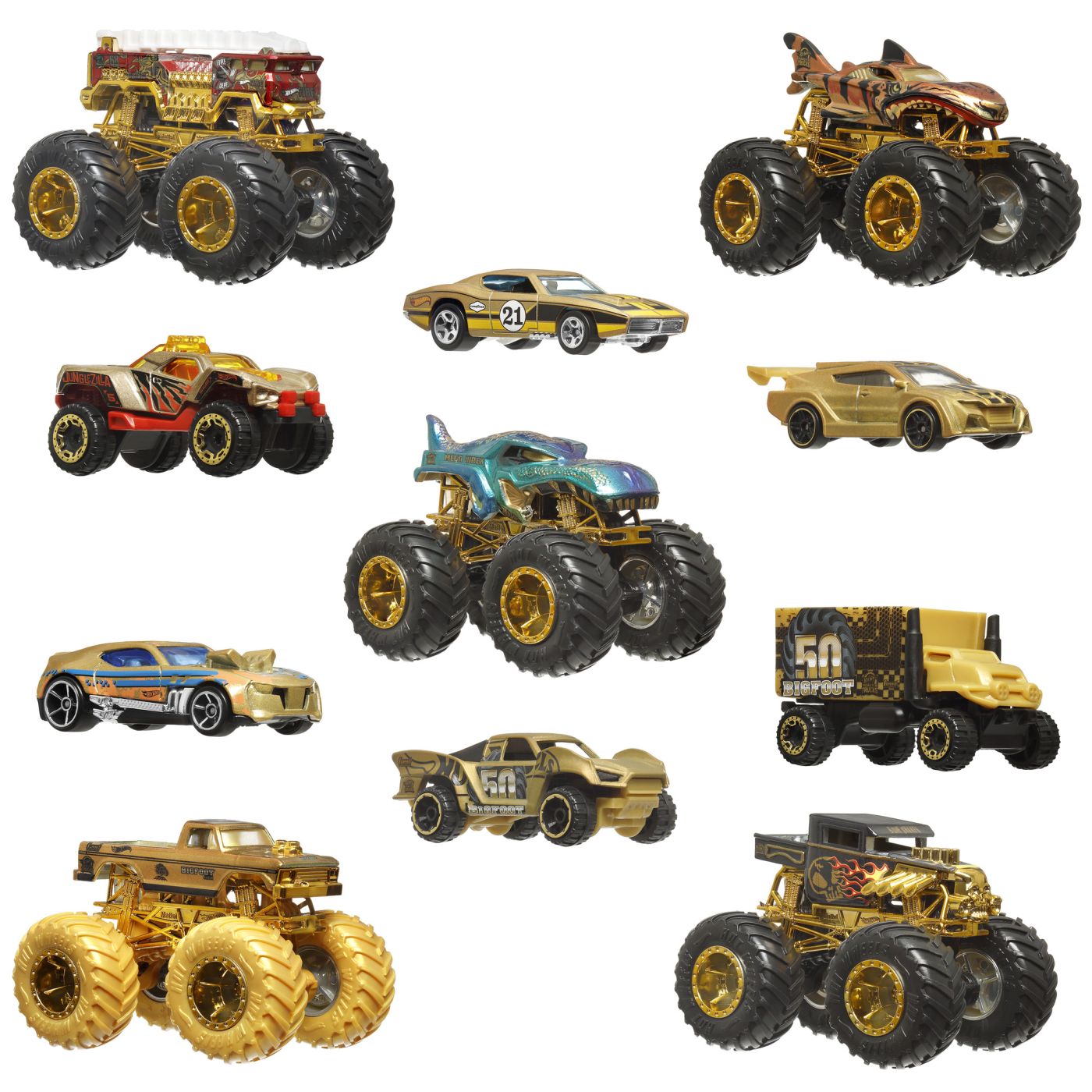 Set Hot Wheels Monster Trucks Bigfoot 50 Trophy Champions, 11 vehicule