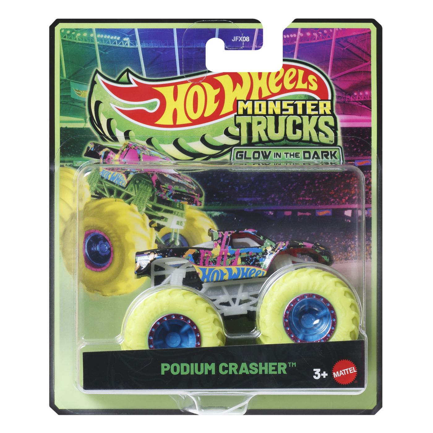 Masinuta Hot Wheels Monster Trucks Podium Crasher Glow, scara 1:64