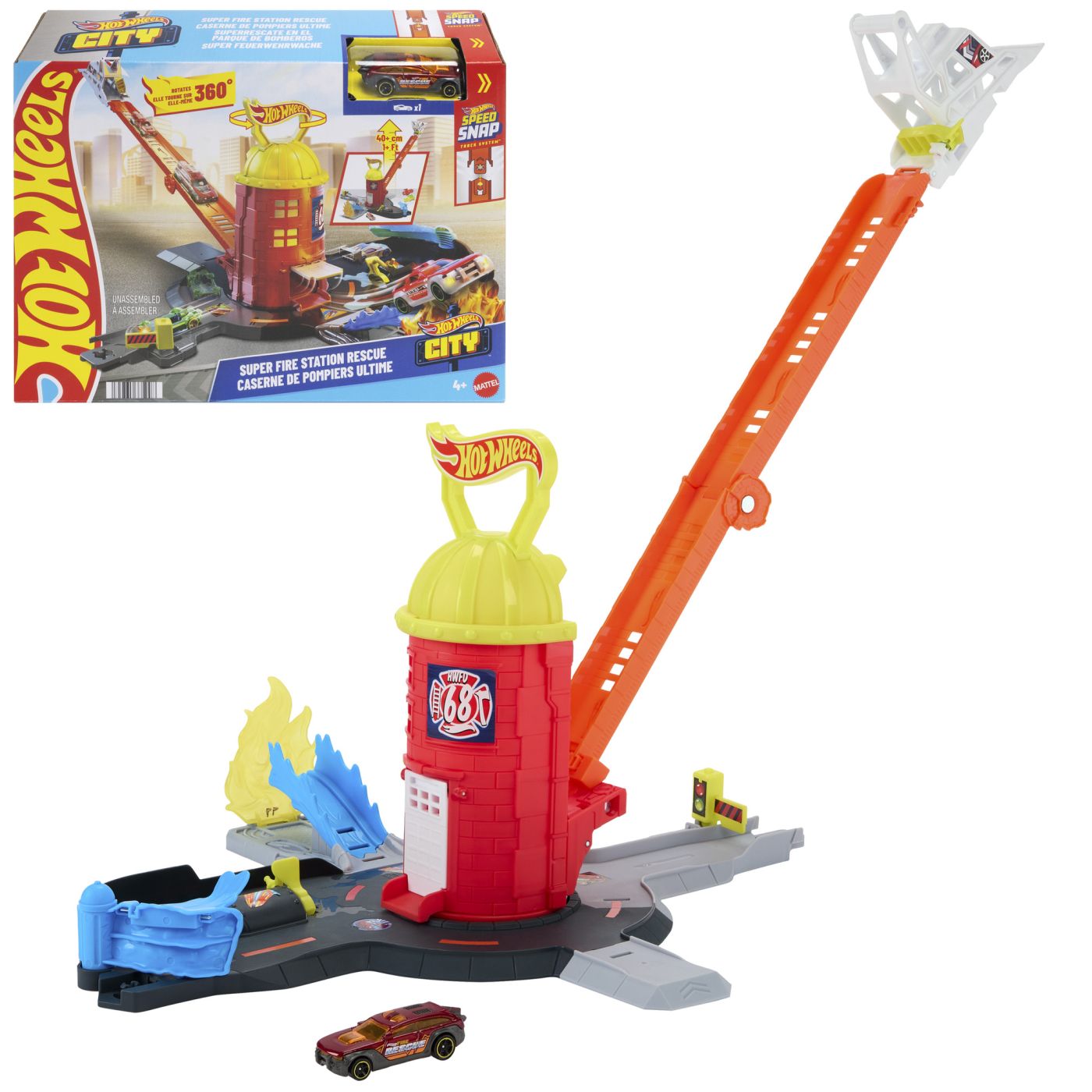 Set de joacă Hot Wheels City Super Stație de Pompieri cu mașinuță inclusă
