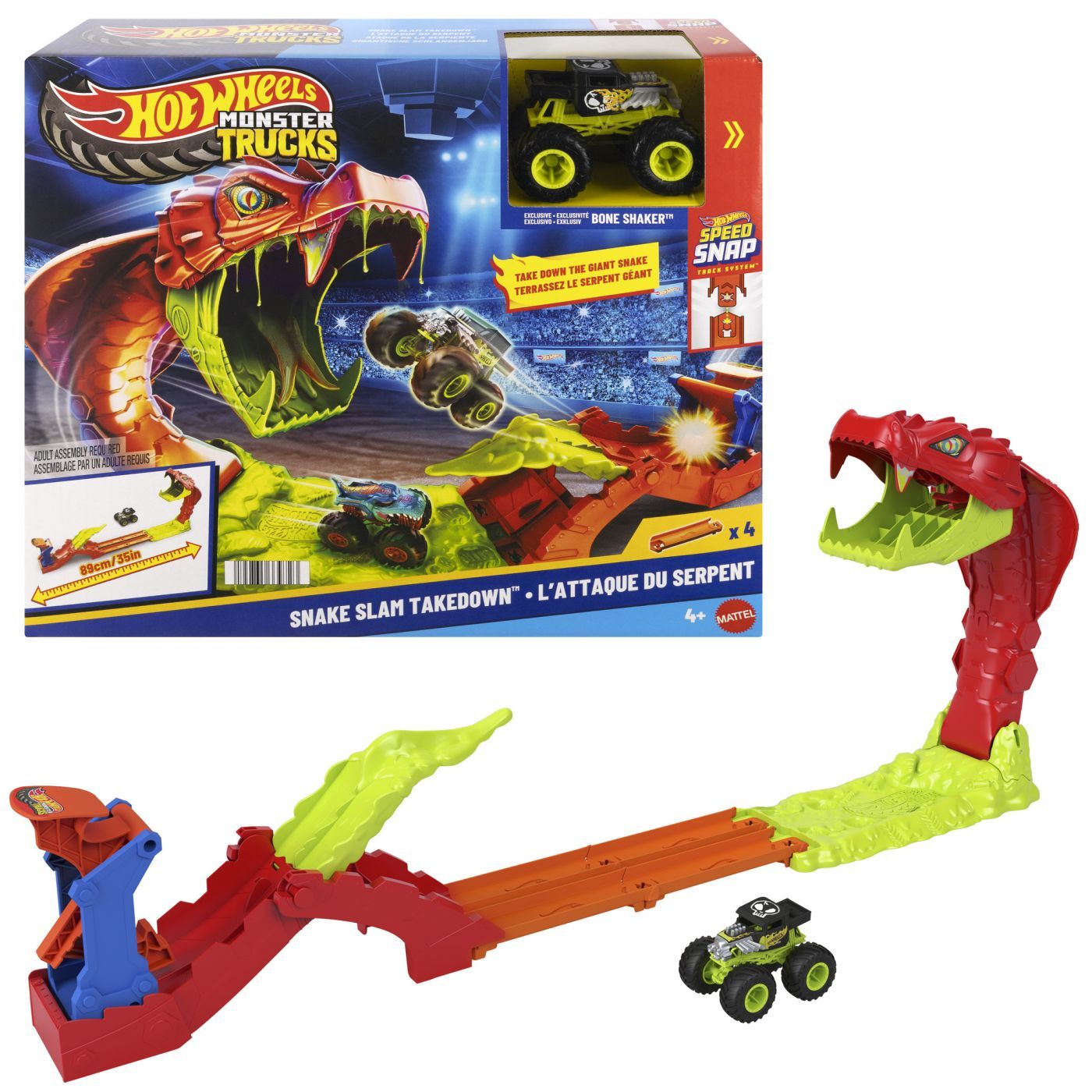 Set de joaca Hot Wheels Monster Trucks Pista cu Bone Shaker si Sarpele Urias