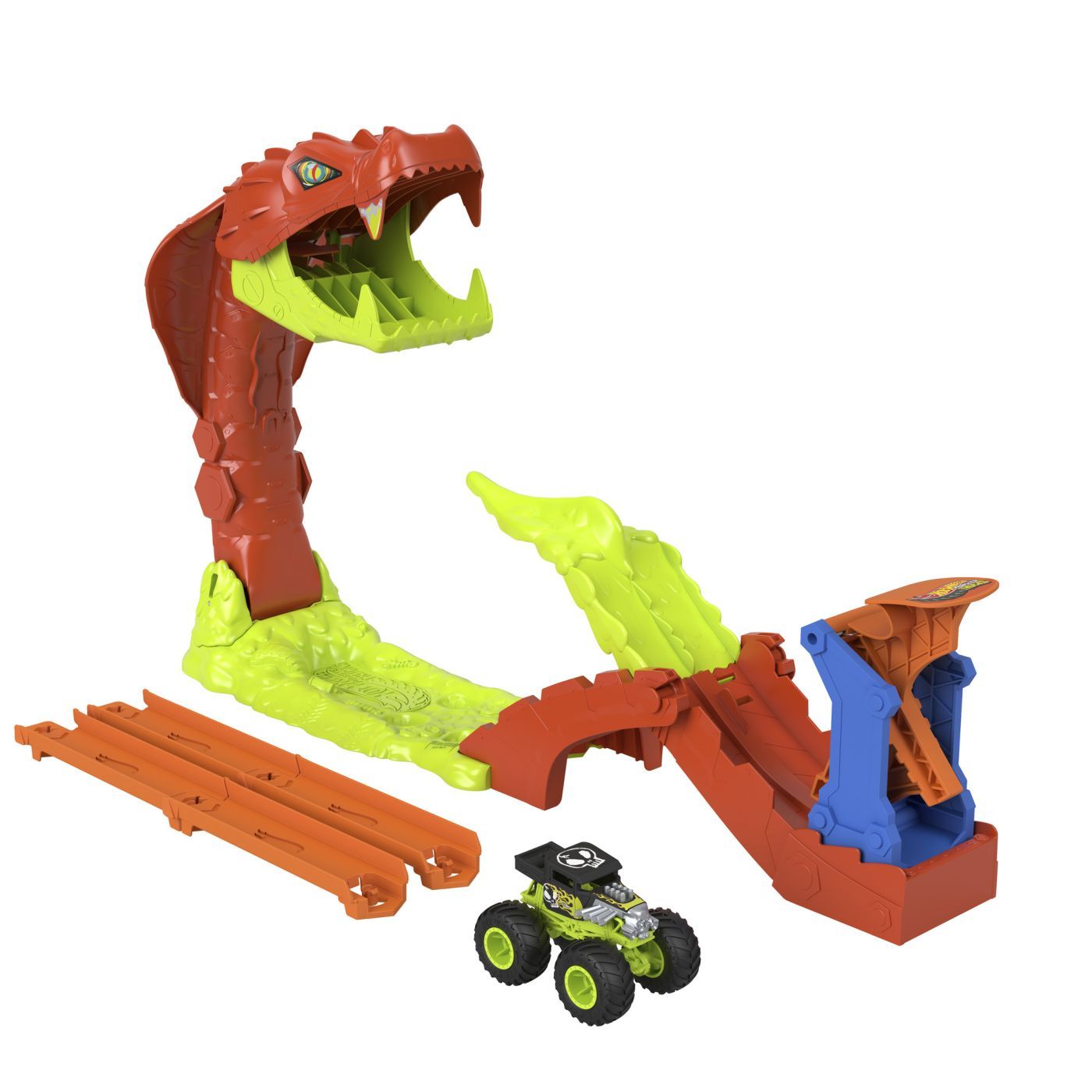 Set de joaca Hot Wheels Monster Trucks Pista cu Bone Shaker si Sarpele Urias