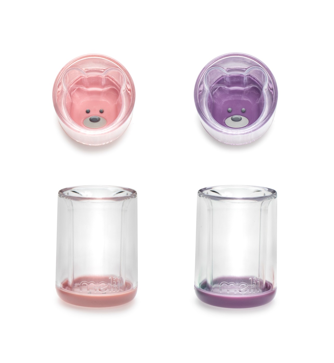 Set 2 pahare pentru copii Melii cu design urs, pereti dubli, roz si mov