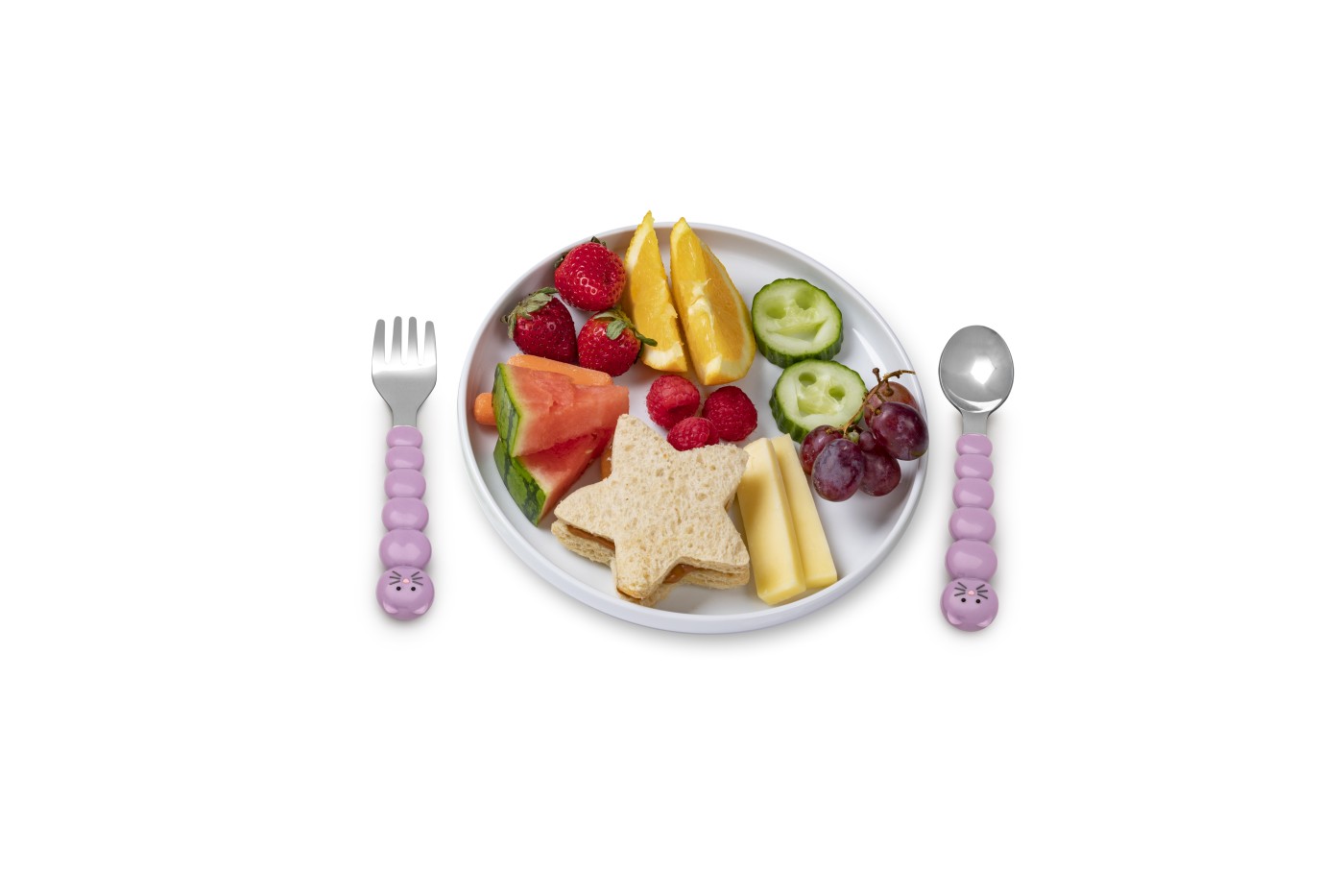 Set tacamuri copii Melii, 4 piese, model pisica si bulldog, mov-gri