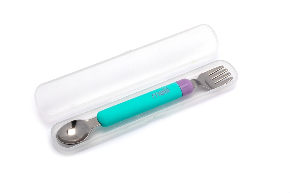 Set linguriță și furculiță Melii pentru bebeluși, albastru și mov