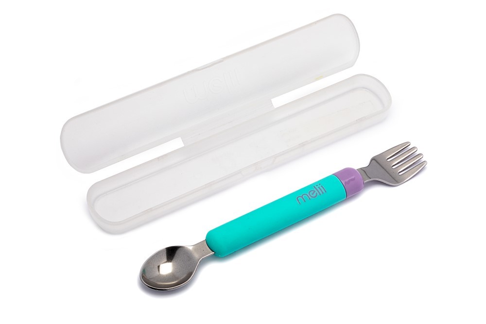 Set linguriță și furculiță Melii pentru bebeluși, albastru și mov