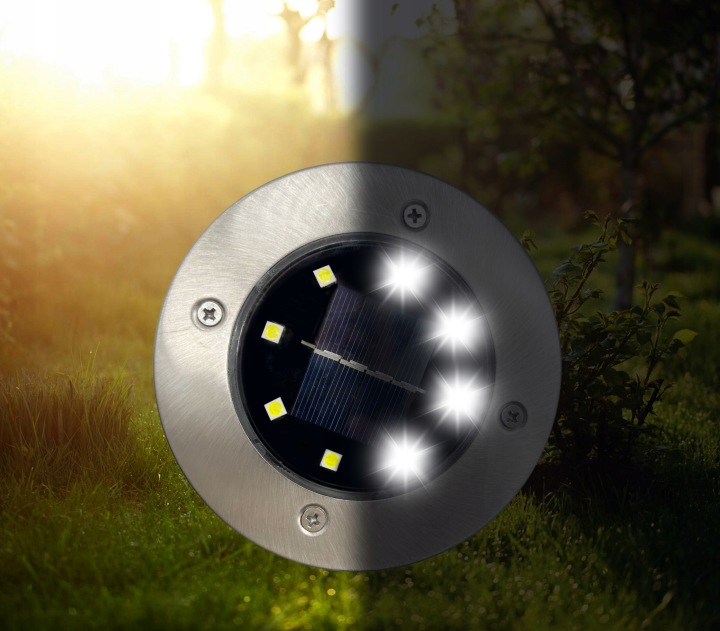 Set 4 lampi solare sol gradina cu 8 LED fiecare, iluminare alei, otel inoxidabil si plastic, 12x12x2 cm, argintiu Household NewTrend