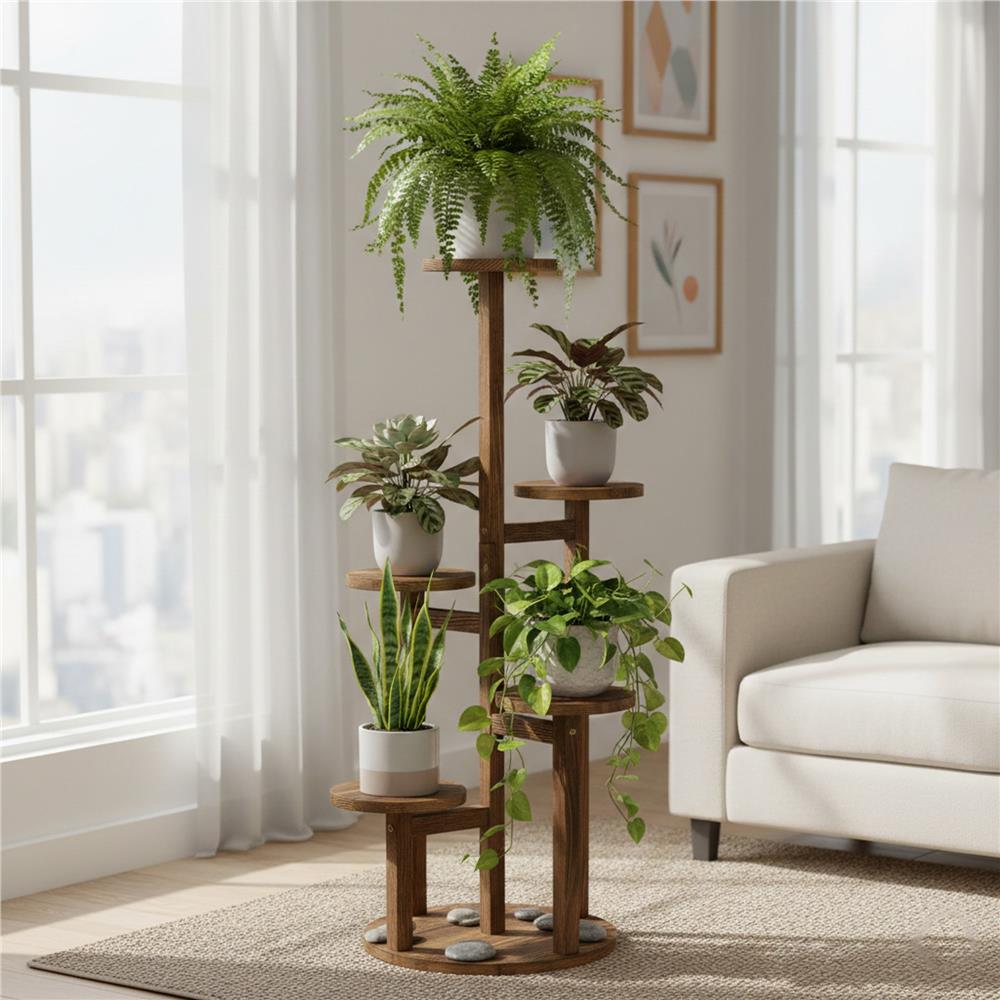 Suport pentru flori, din lemn si MDF, 6 niveluri pentru ghivece, 48x48x87 cm, maro Household NewTrend